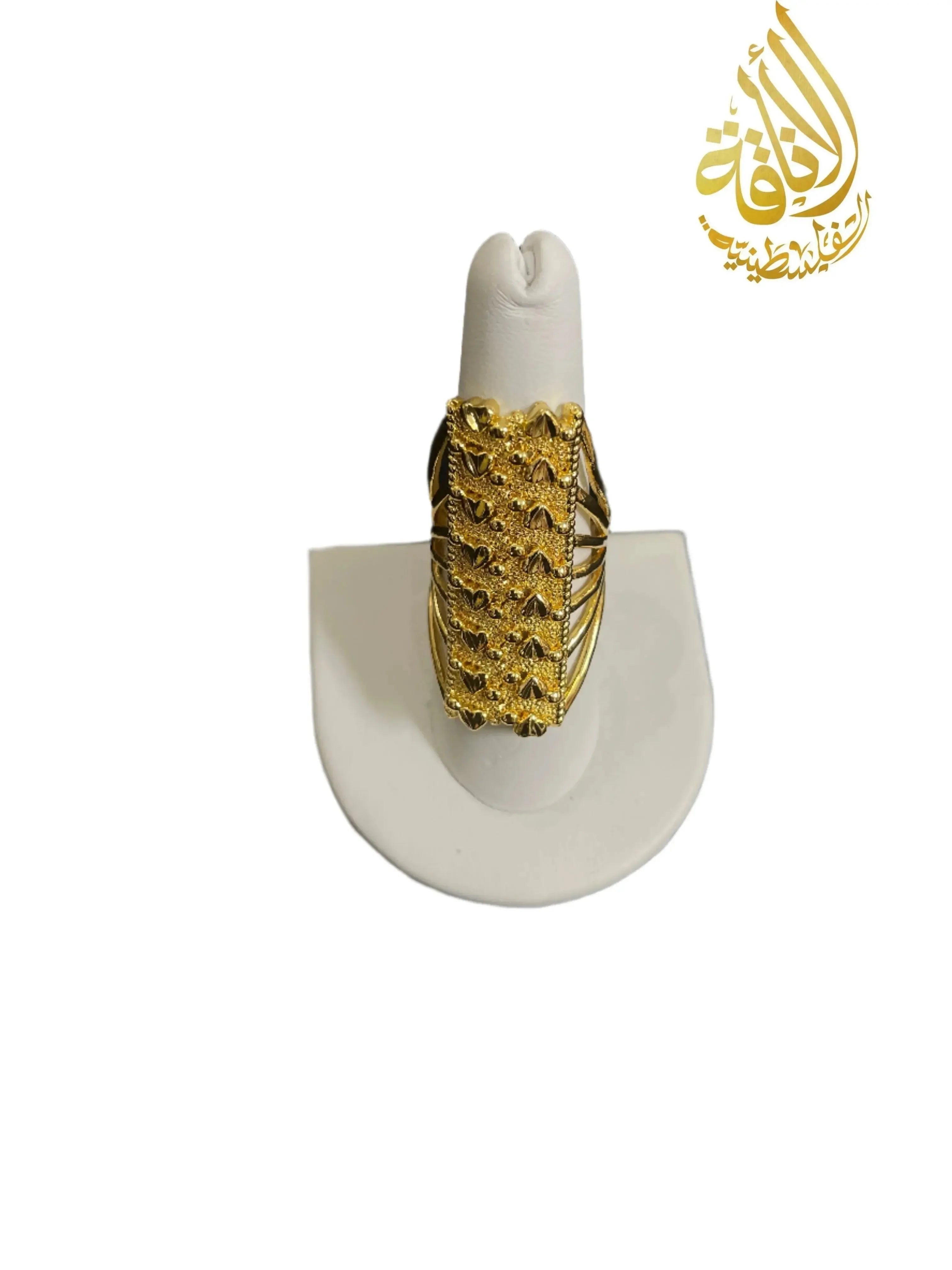 Palestinian Elegance imitated gold Layered Ring with Double Rowed Hearts displayed on a white ring stand