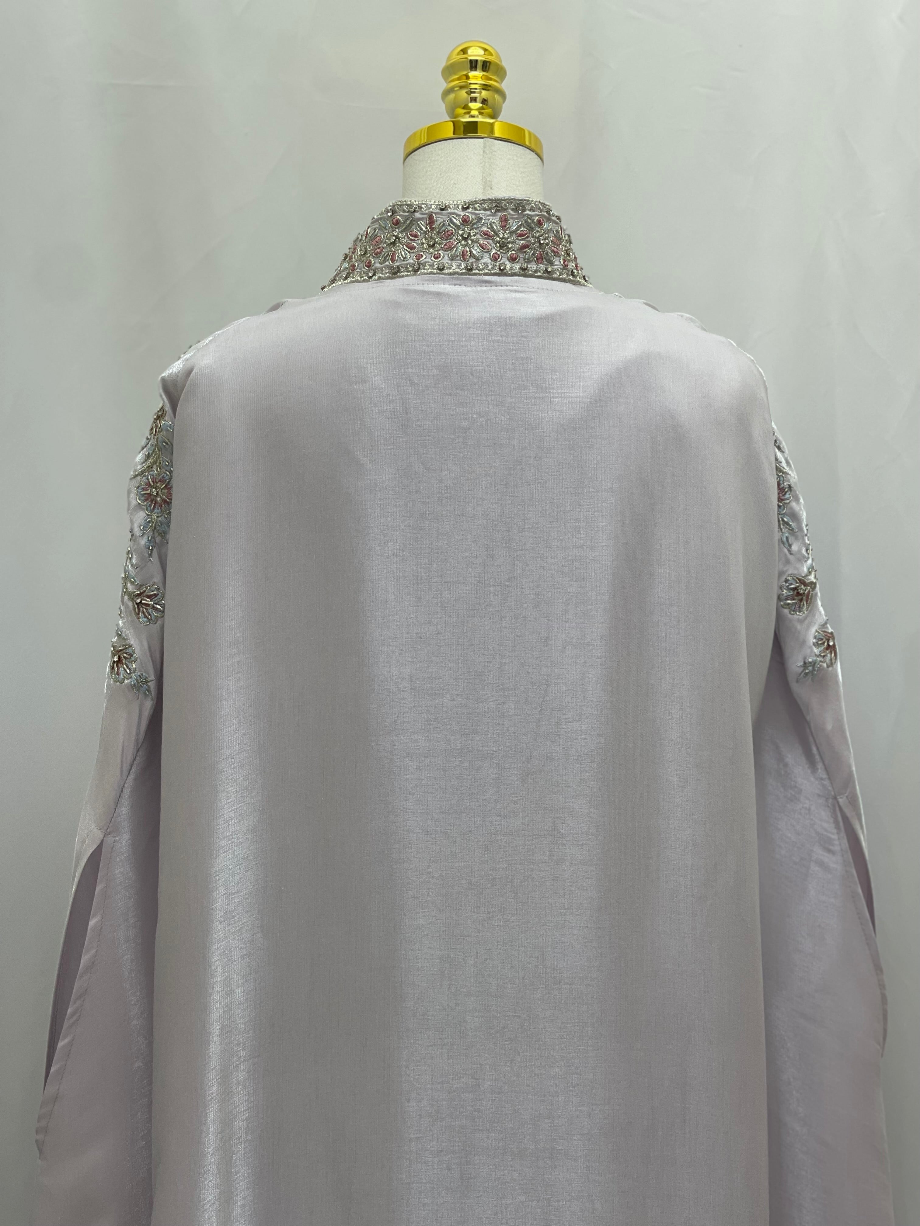 Back view of Layla Fancy kaftan by Palestinian Elegance with intricate embroidered collar and sleeves