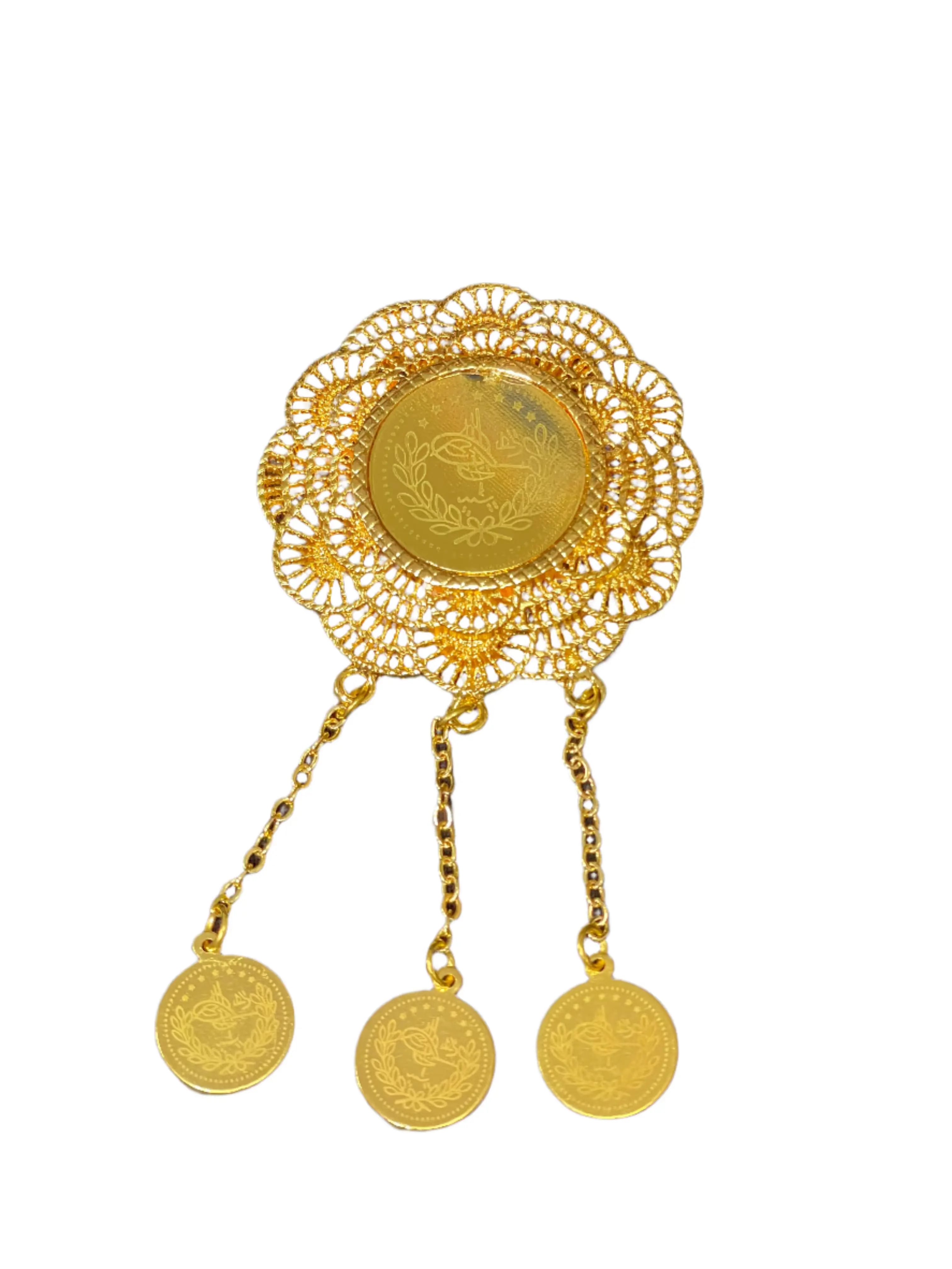 Lera Pin in Imitated Gold by Palestinian Elegance with intricate filigree design and three dangling coin charms