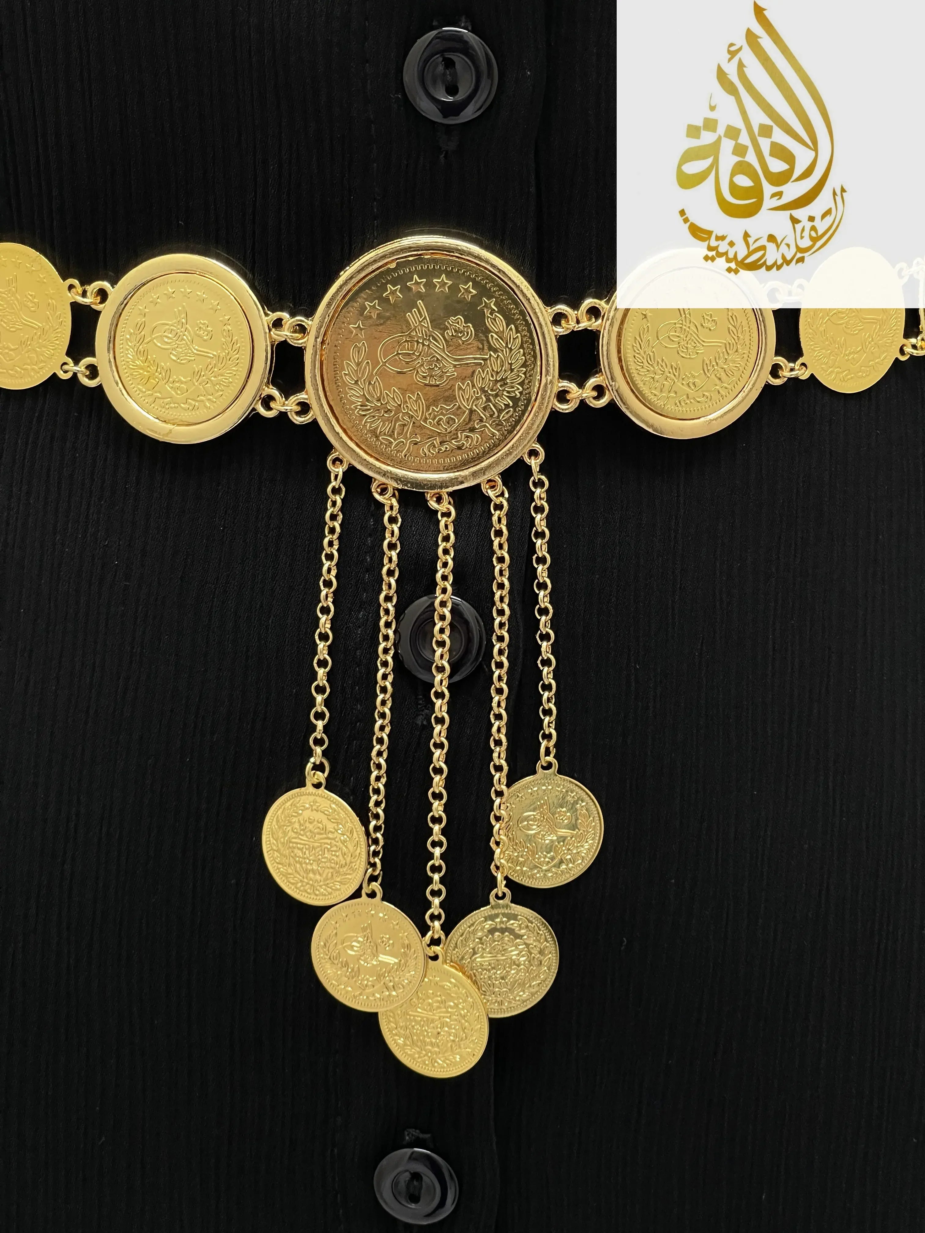 Lerat Belt with Mkhamas Imitated Gold by Palestinian Elegance featuring round coin medallions and chain tassels