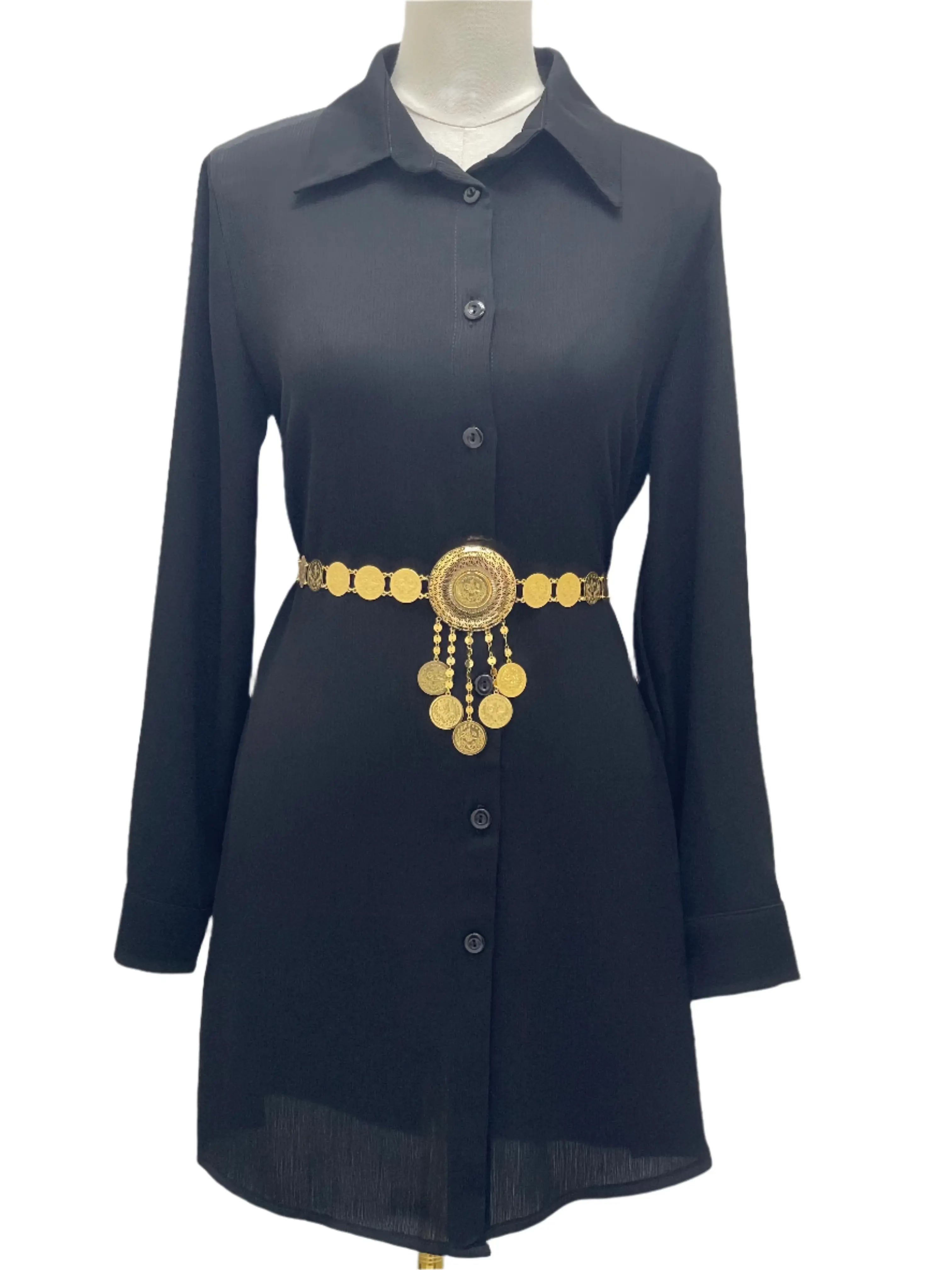 Lerat Gold Belt Imitated Gold by Palestinian Elegance displayed on black dress with circular and dangling coin