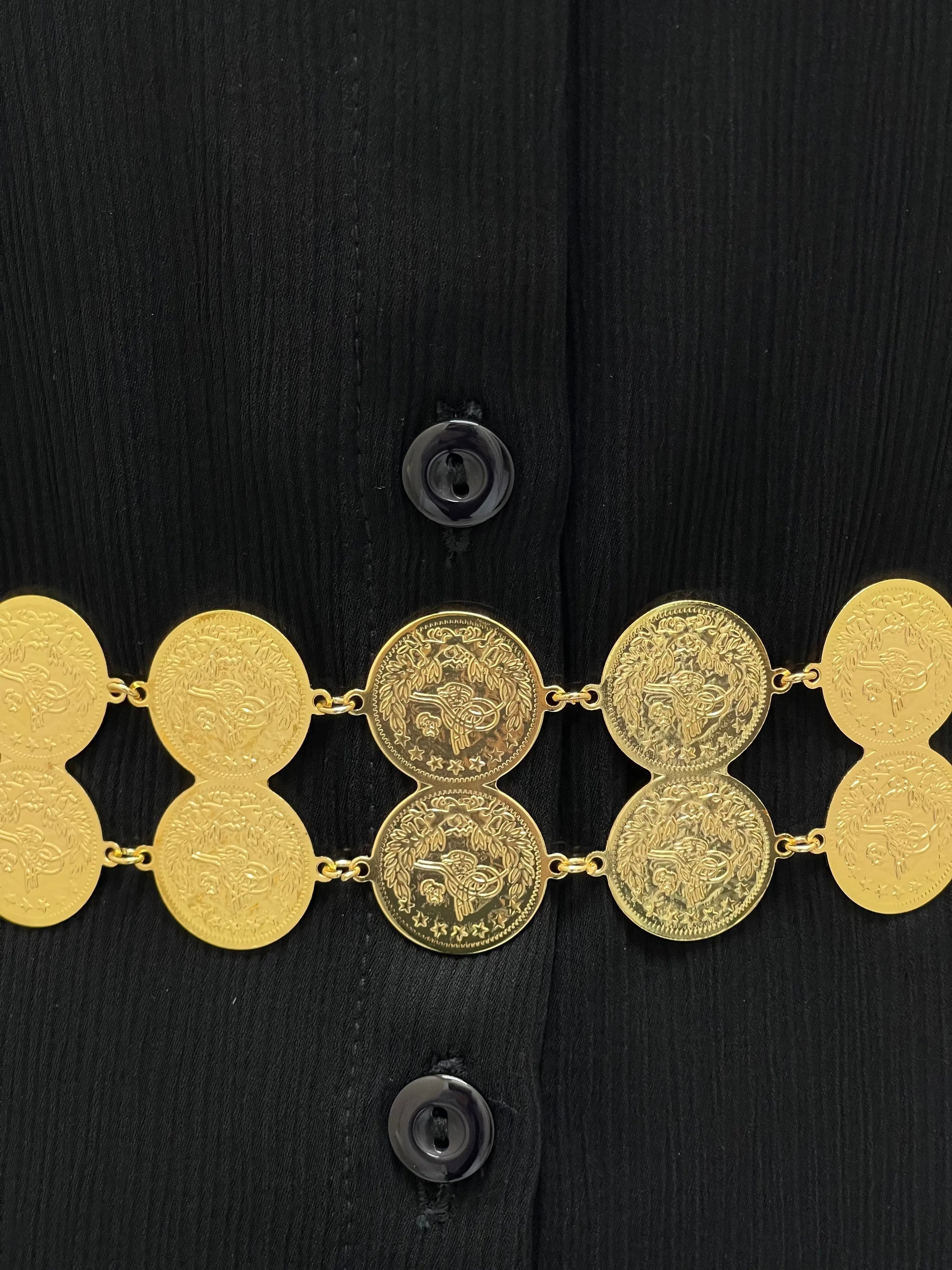 Lerat Gold Coin Waist Belt for Women by Palestinian Elegance featuring imitated gold coins on black fabric