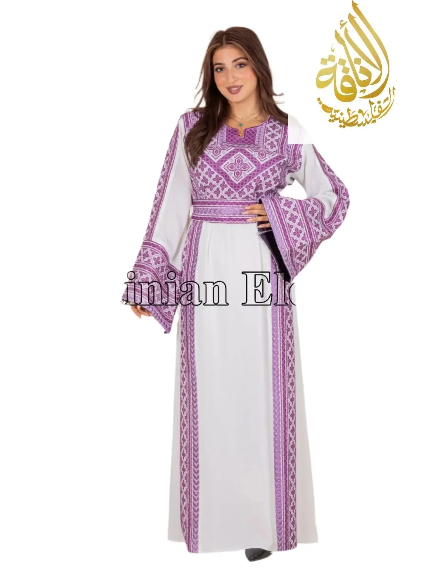 Palestinian Elegance Lilac Embroidered Unique Thoub with traditional geometric patterns on white fabric