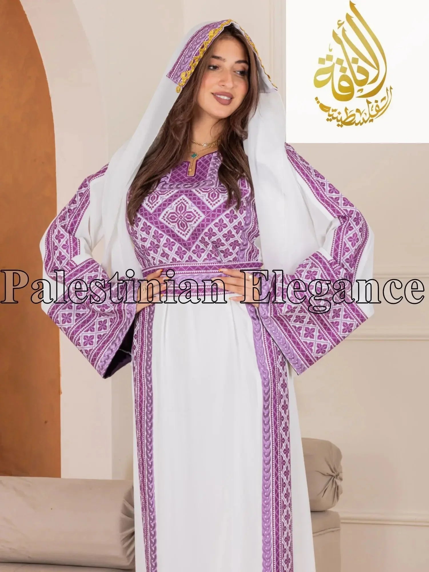 Palestinian Elegance Lilac Embroidered Unique Thoub with detailed traditional patterns and hooded design