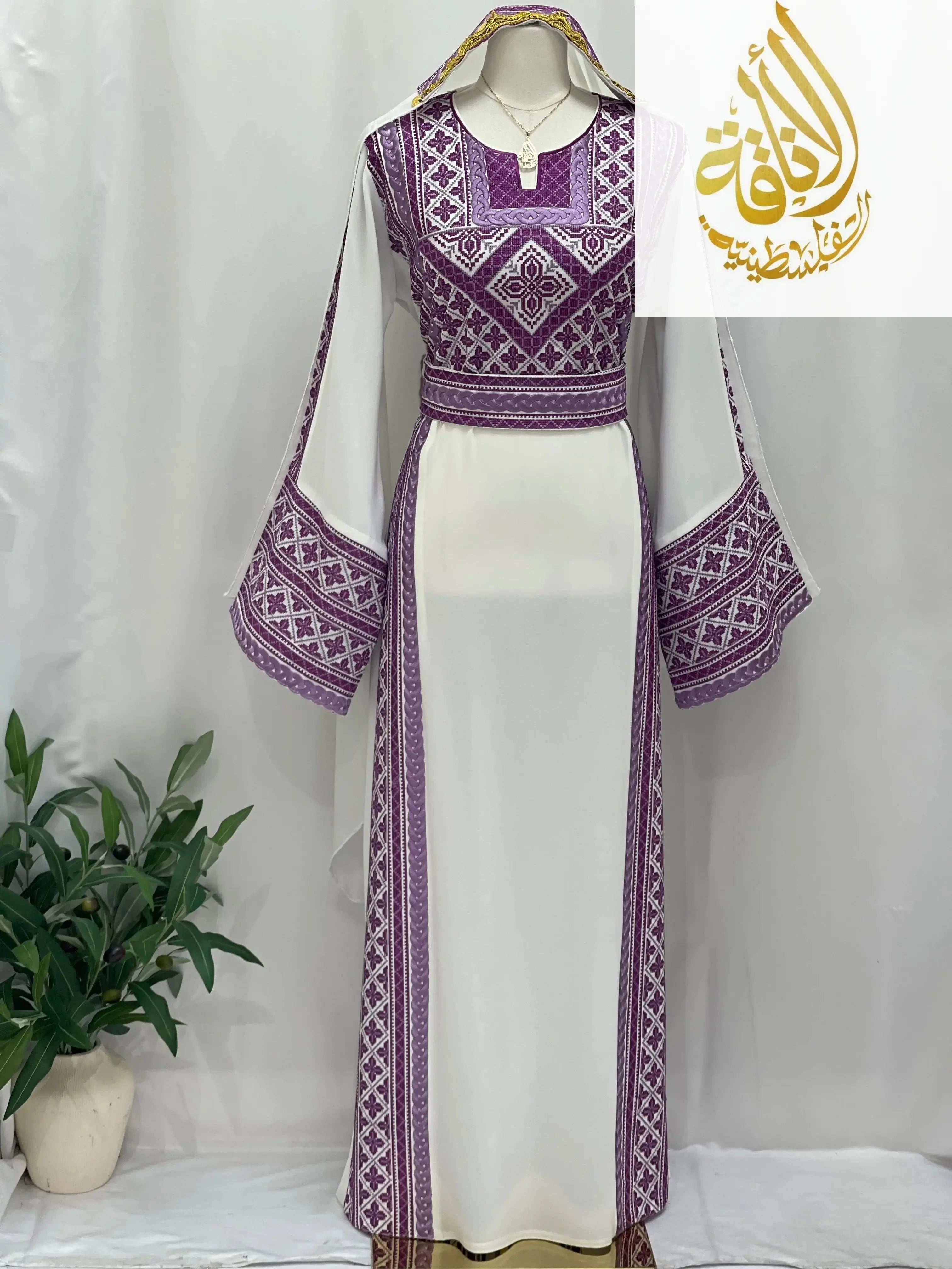 Palestinian Elegance Lilac Embroidered Unique Thoub with traditional detailed stitching on sleeves and bodice