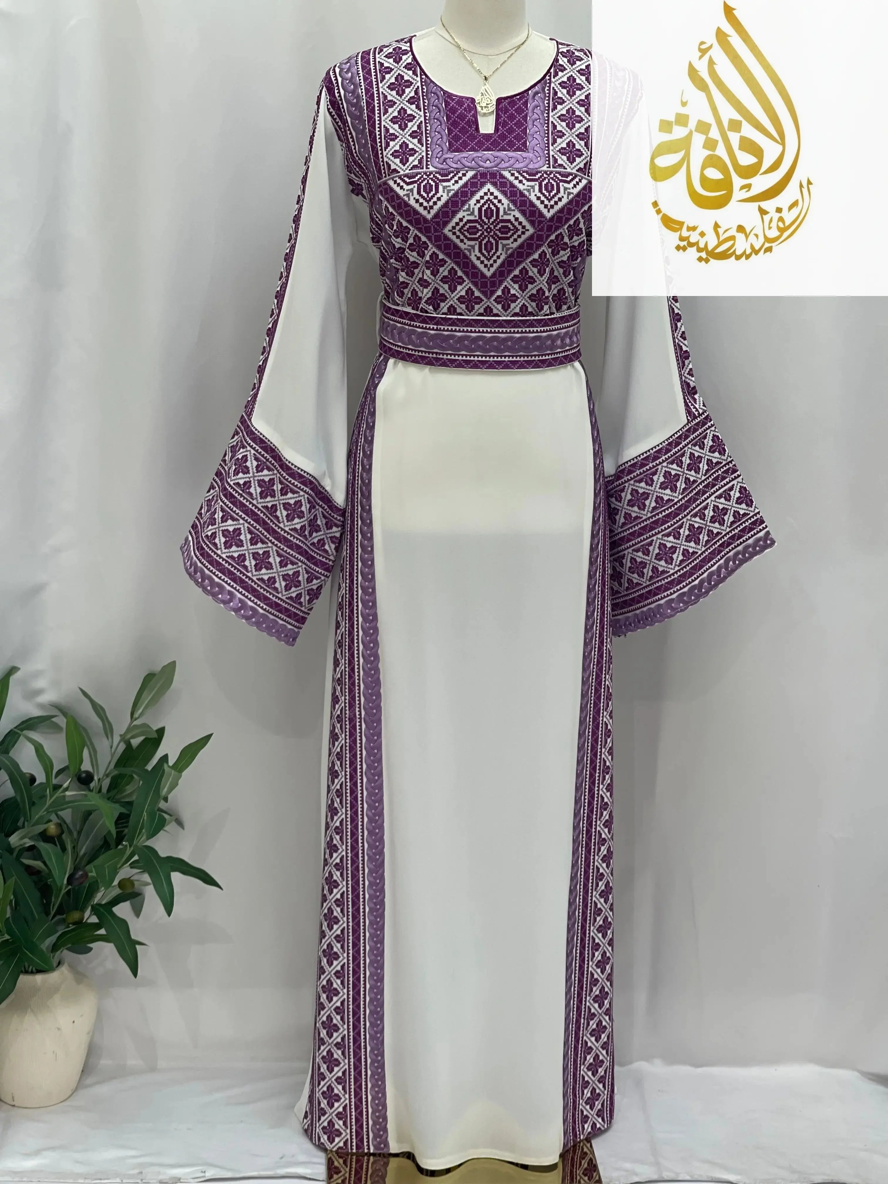 Palestinian Elegance Lilac Embroidered Unique Thoub with intricate traditional embroidery and wide sleeves