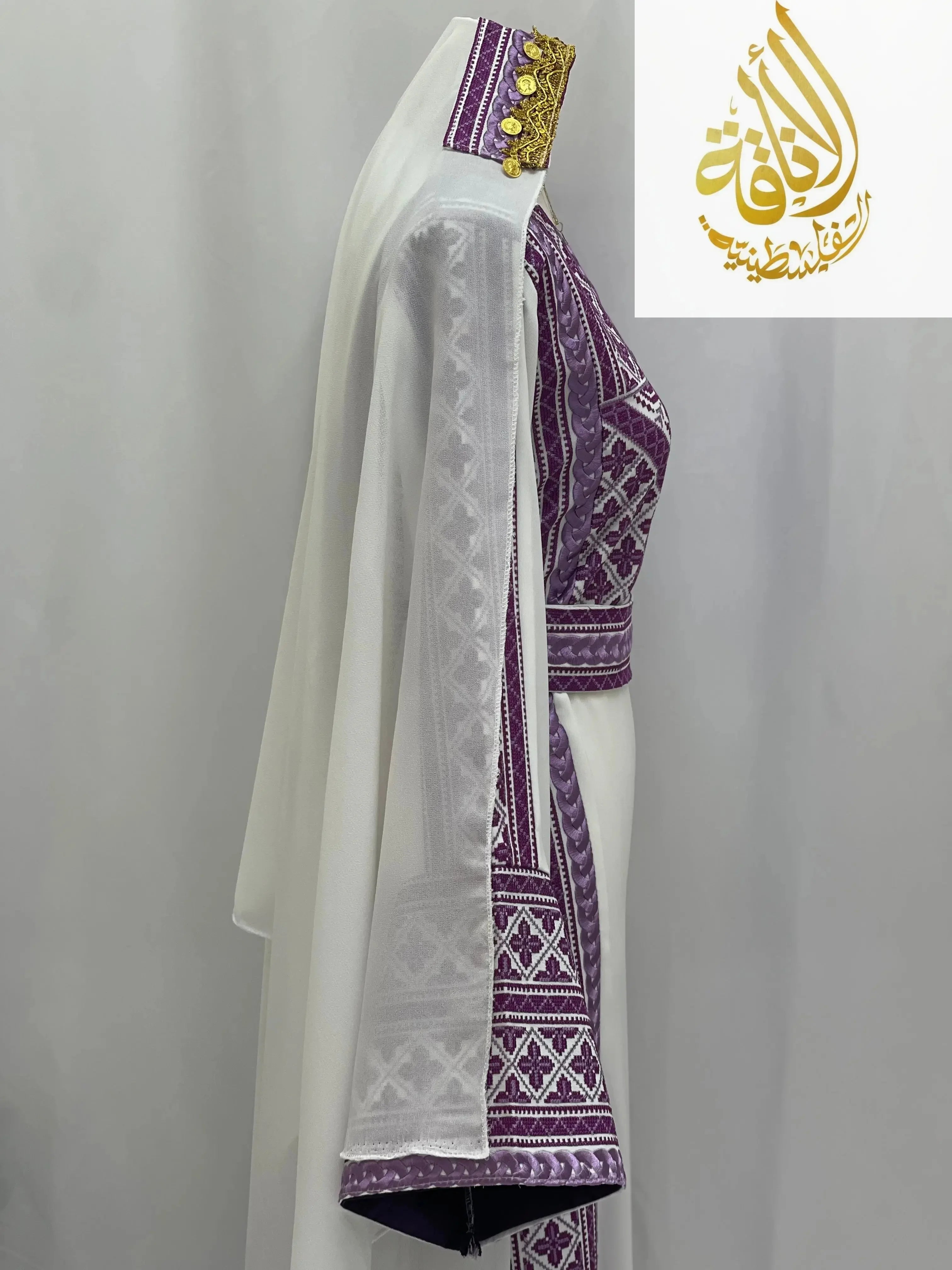 Lilac Embroidered Unique Thoub by Palestinian Elegance with intricate traditional stitching and white sheer overlay