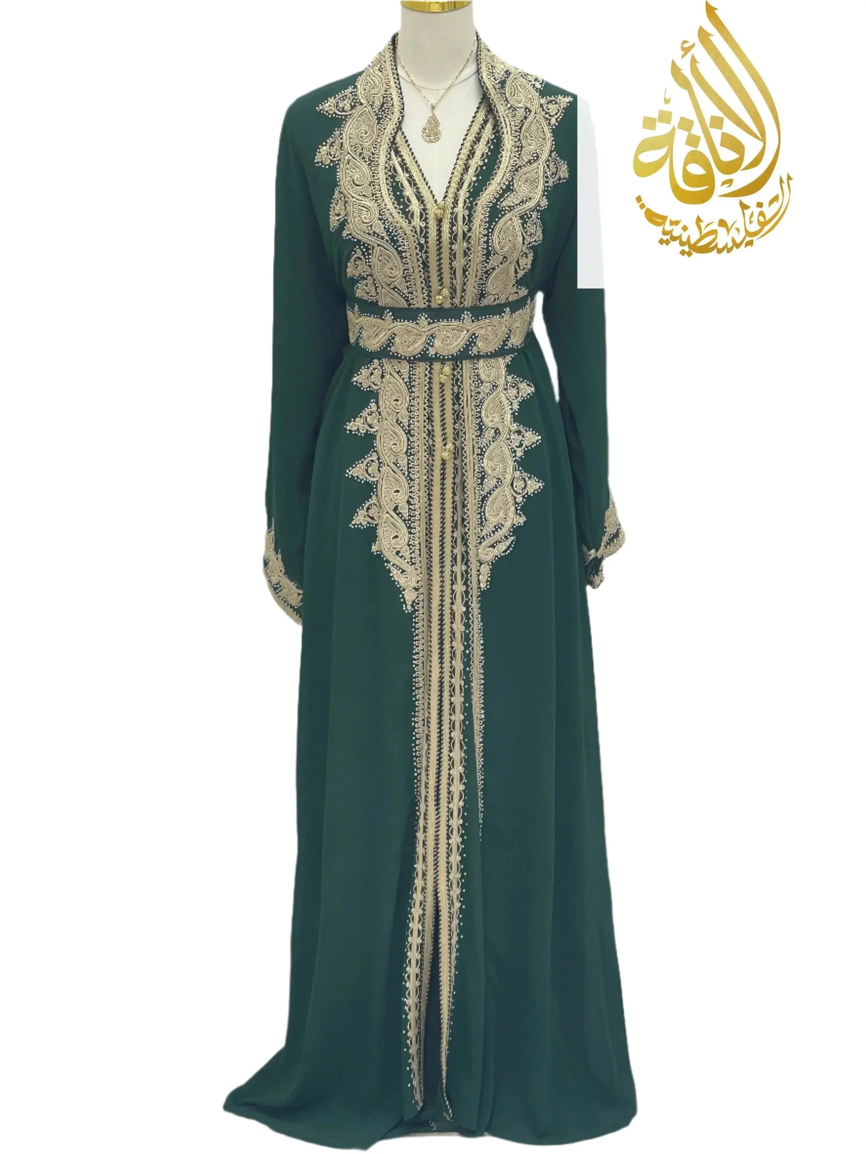 Palestinian Elegance luxurious Alamera kaftan in deep green with intricate gold embroidery and matching belt