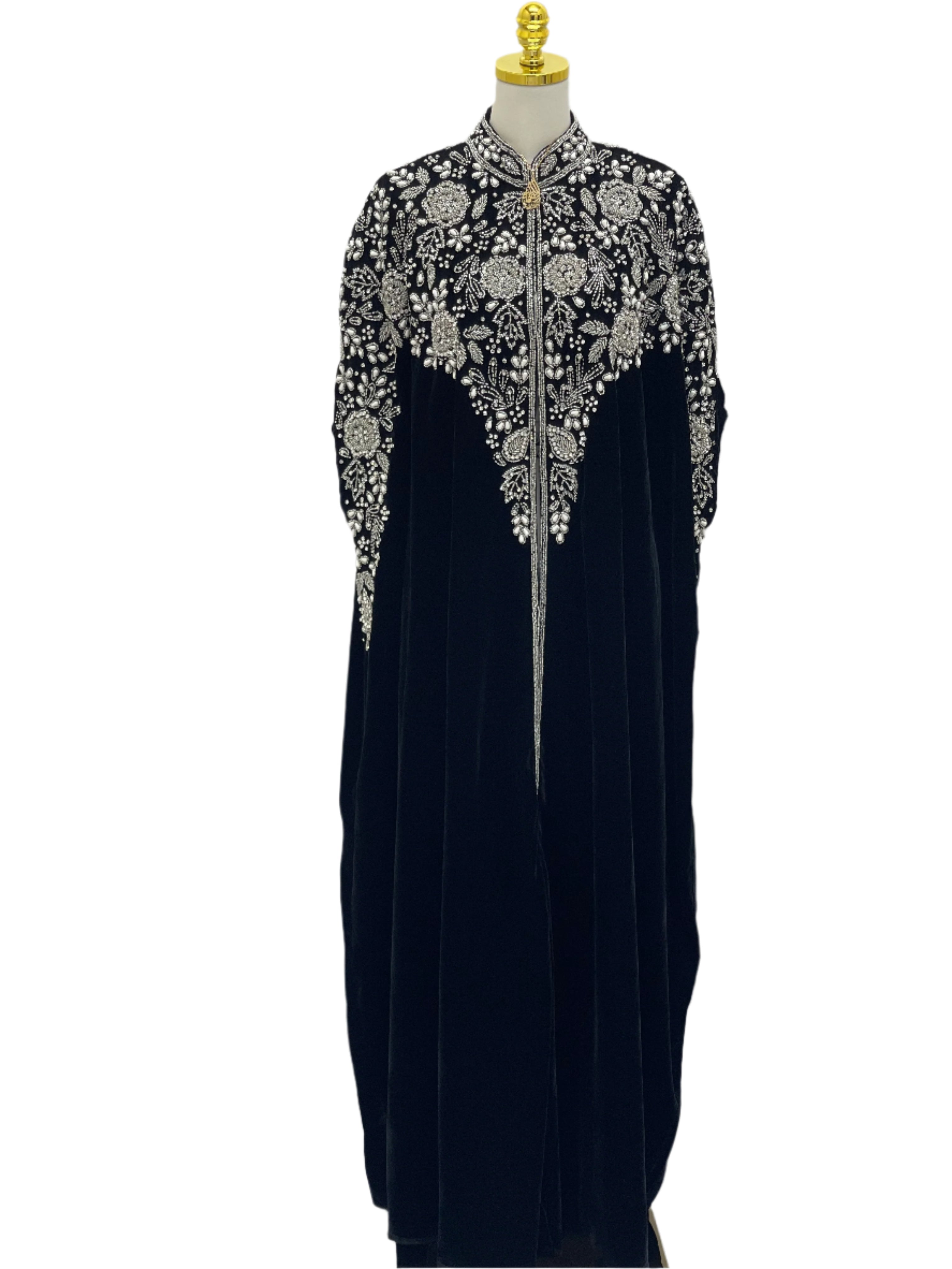 Palestinian Elegance Velvet Embellished Cape cardigan with intricate silver embroidery on black velvet fabric