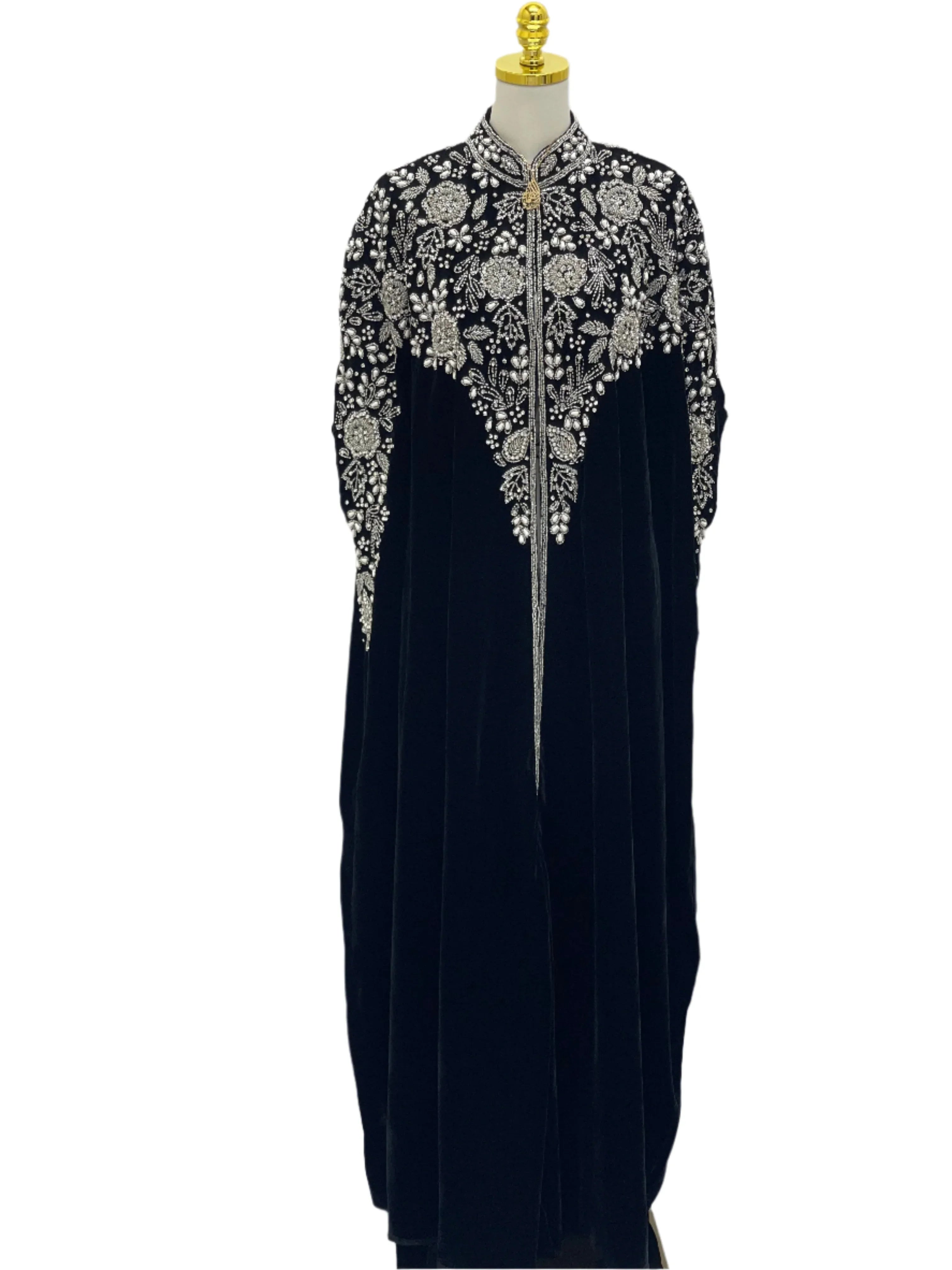 Palestinian Elegance Velvet Embellished Cape cardigan with intricate silver embroidery on black velvet fabric