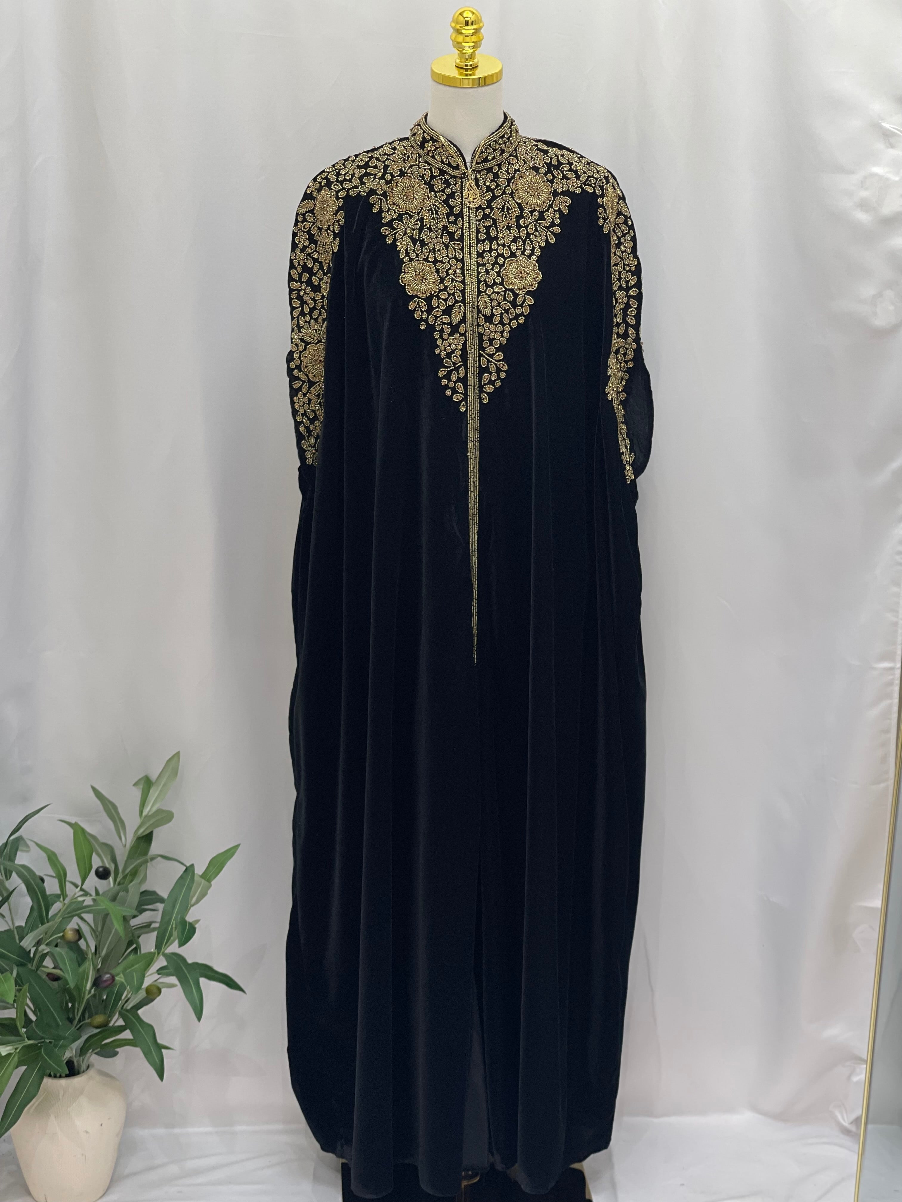 Palestinian Elegance Velvet Embellished Cape cardigan in black with intricate gold embroidery