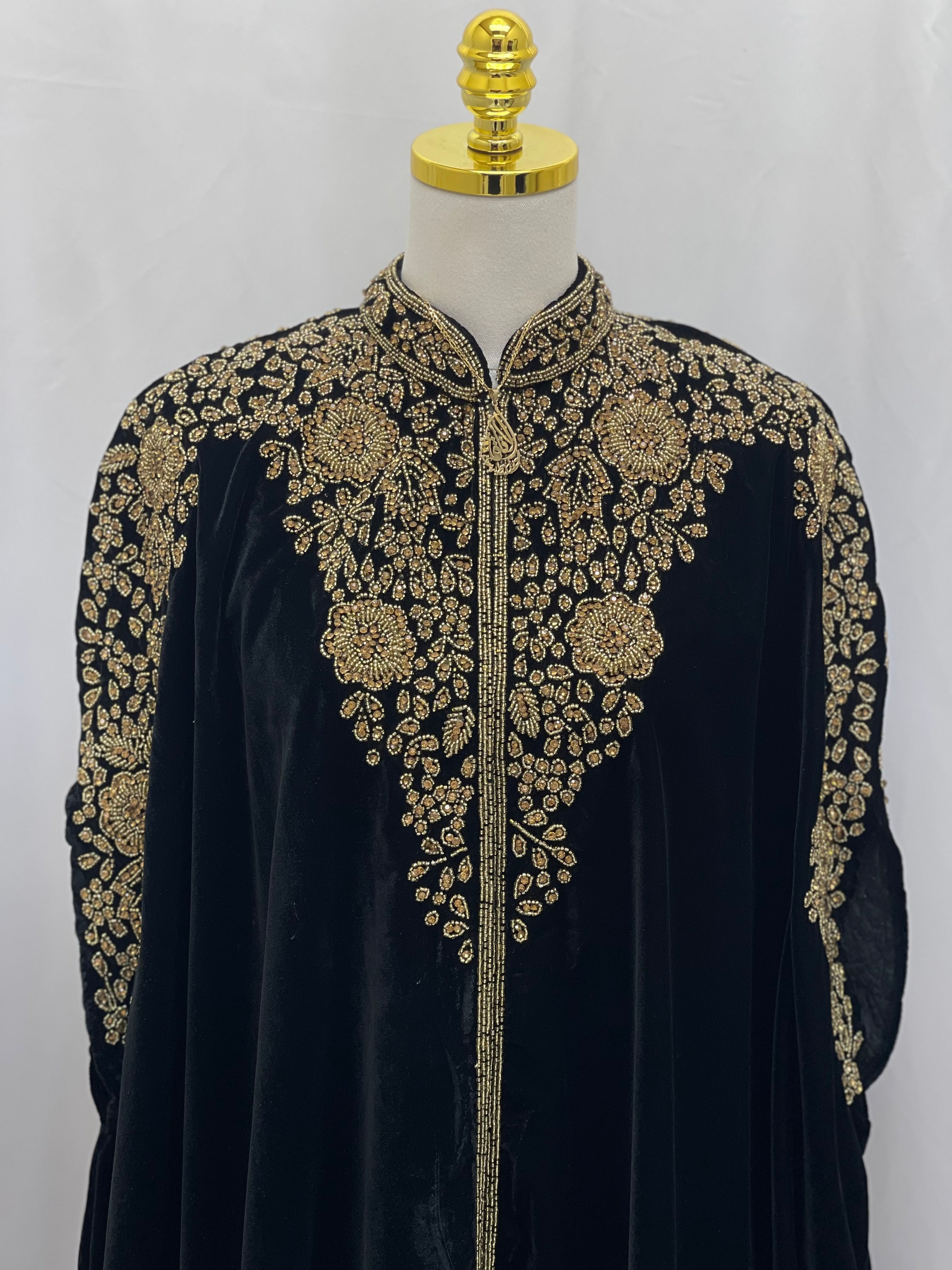 Palestinian Elegance black Velvet Embellished Cape cardigan with intricate gold floral embroidery