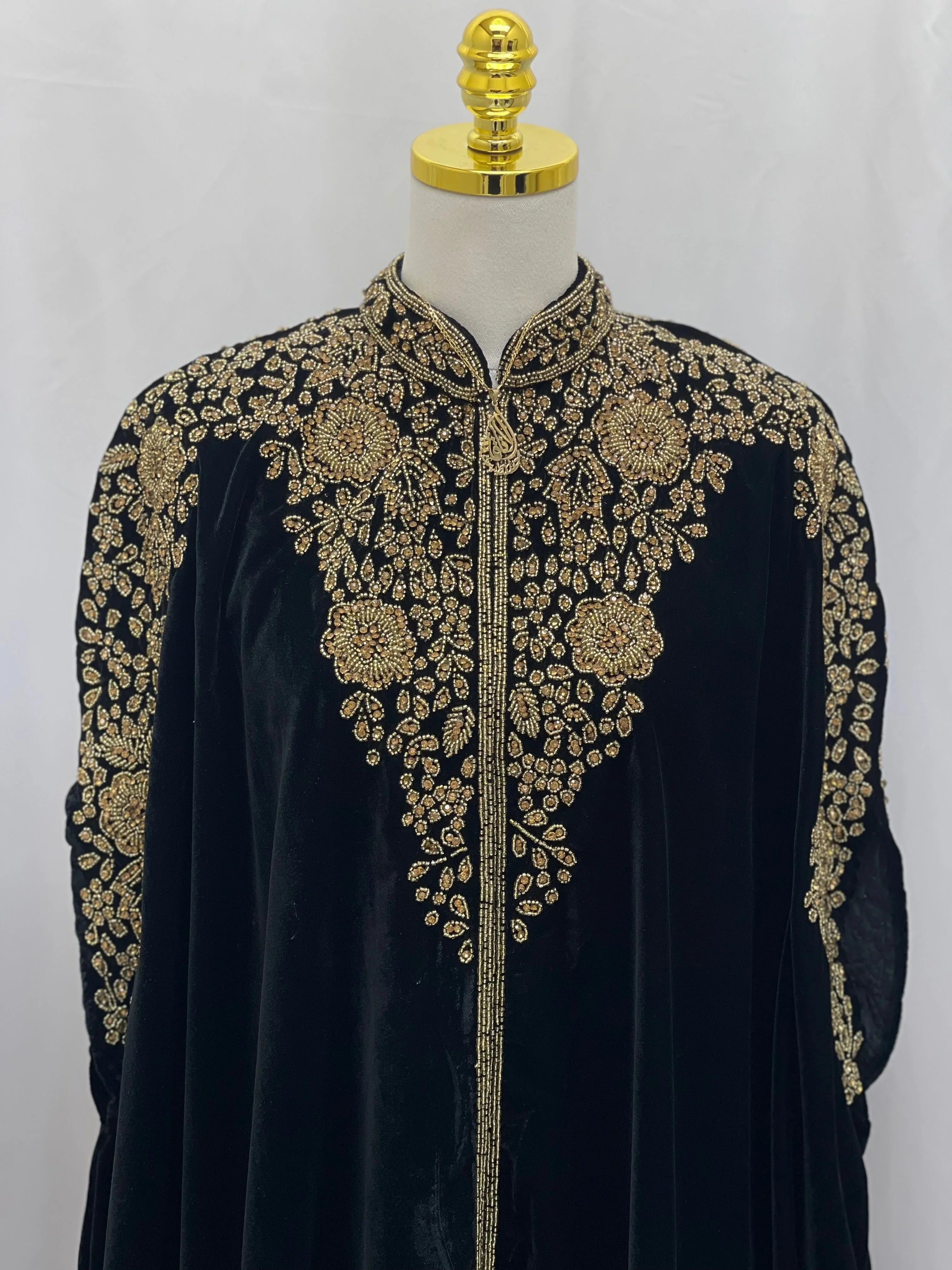 Palestinian Elegance black Velvet Embellished Cape cardigan with intricate gold floral embroidery