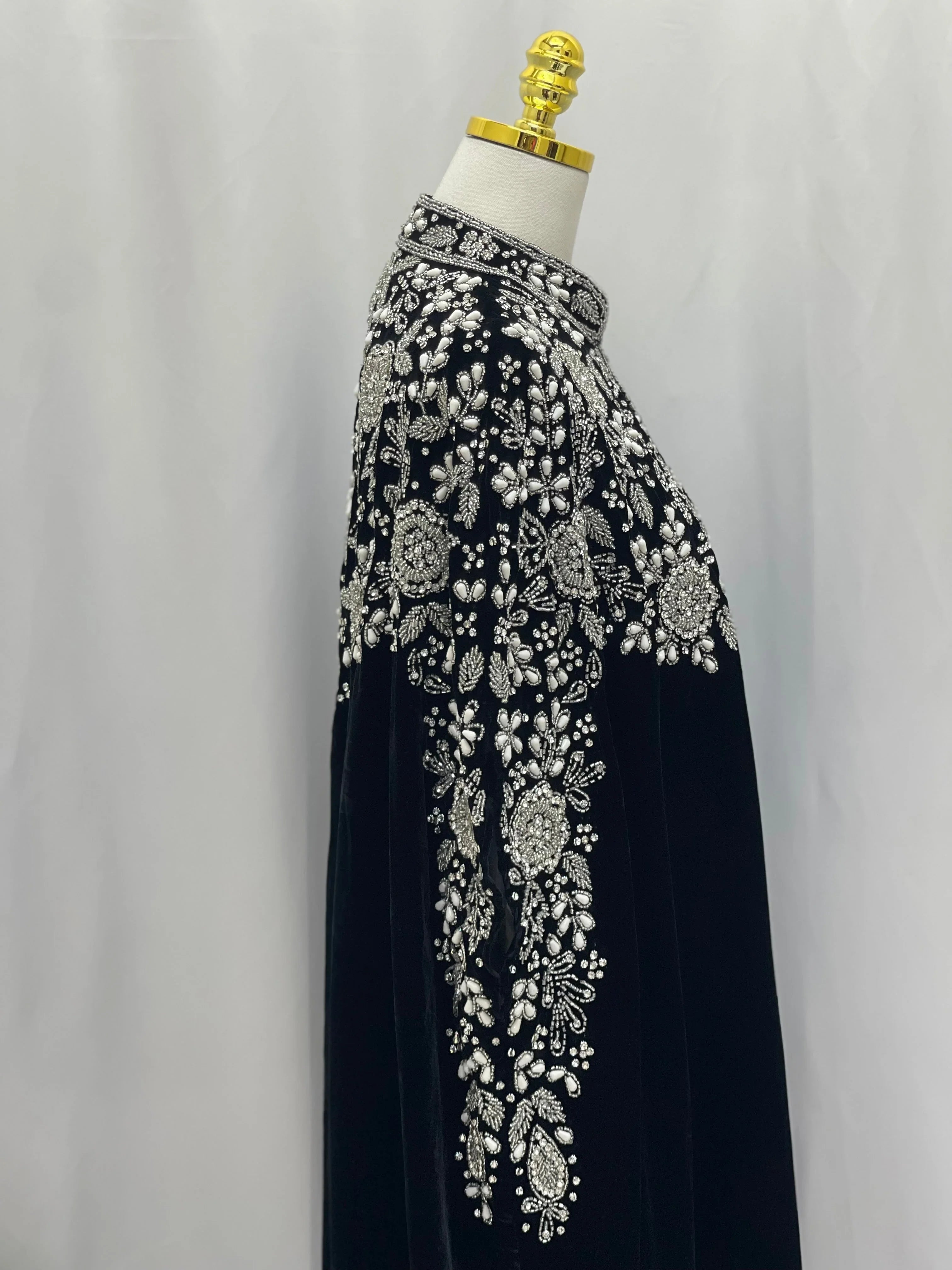 Palestinian Elegance black cardigan Velvet Embellished Cape with intricate silver embroidery on front and sleeves