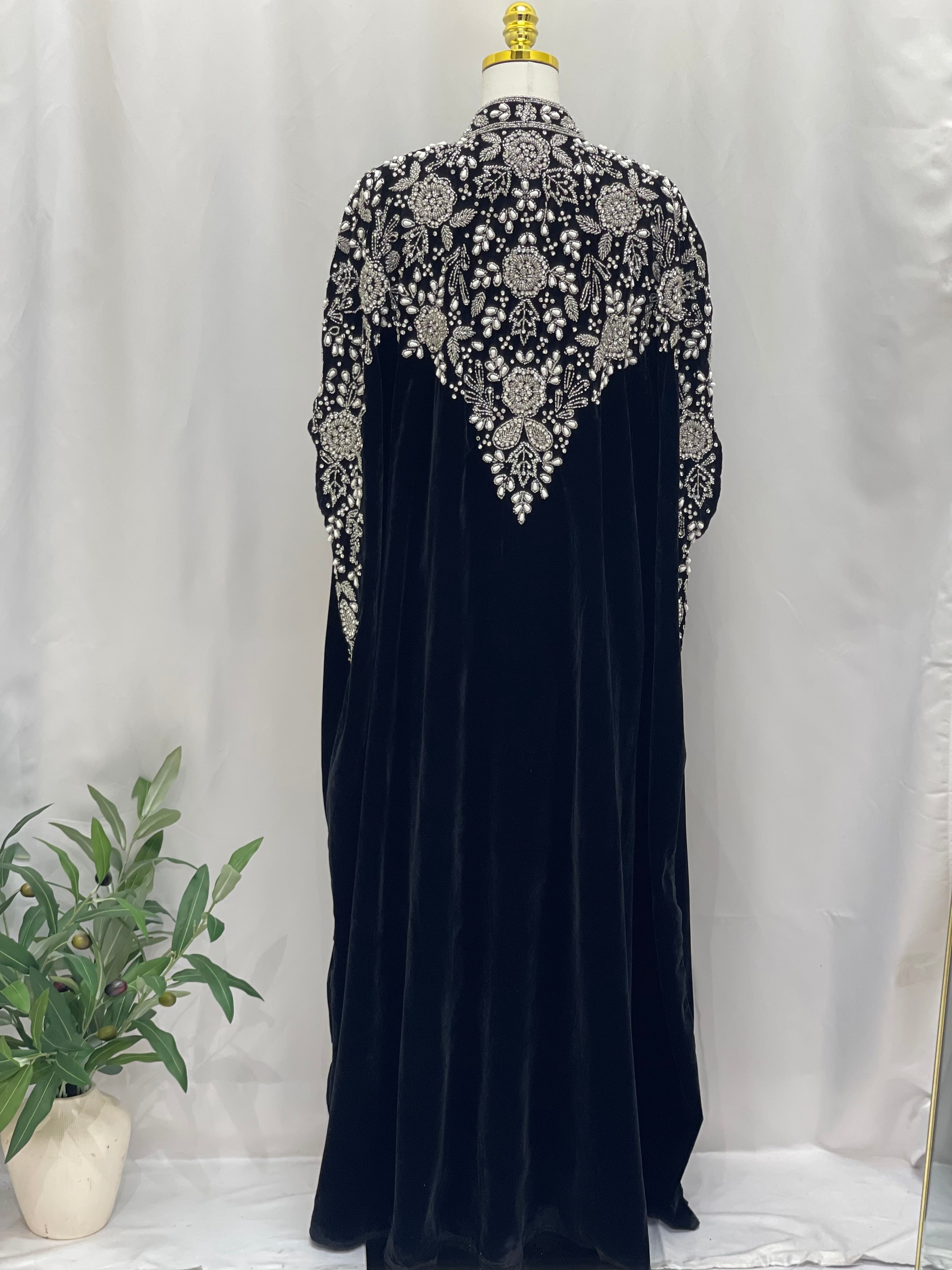 Palestinian Elegance black Velvet Embellished Cape cardigan with intricate white embroidery on back