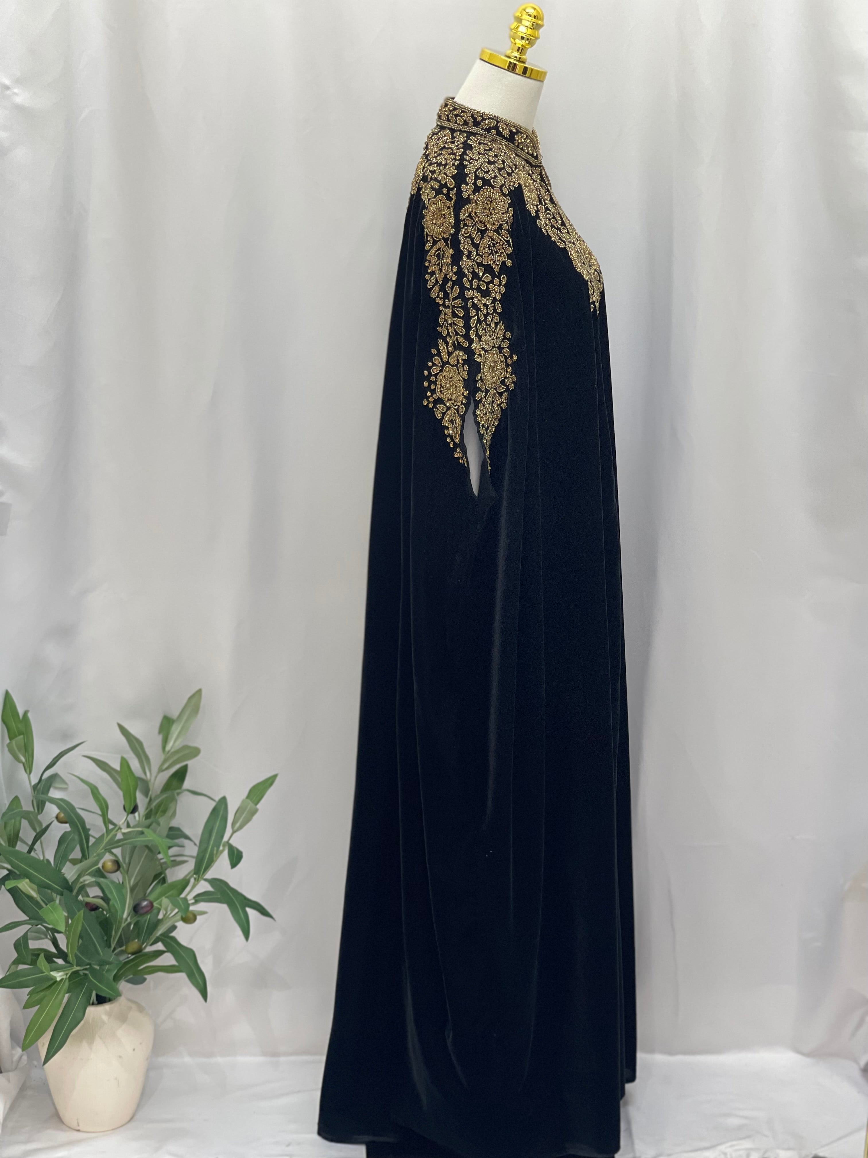 Palestinian Elegance Velvet Embellished Cape cardigan in black velvet with intricate gold embroidery