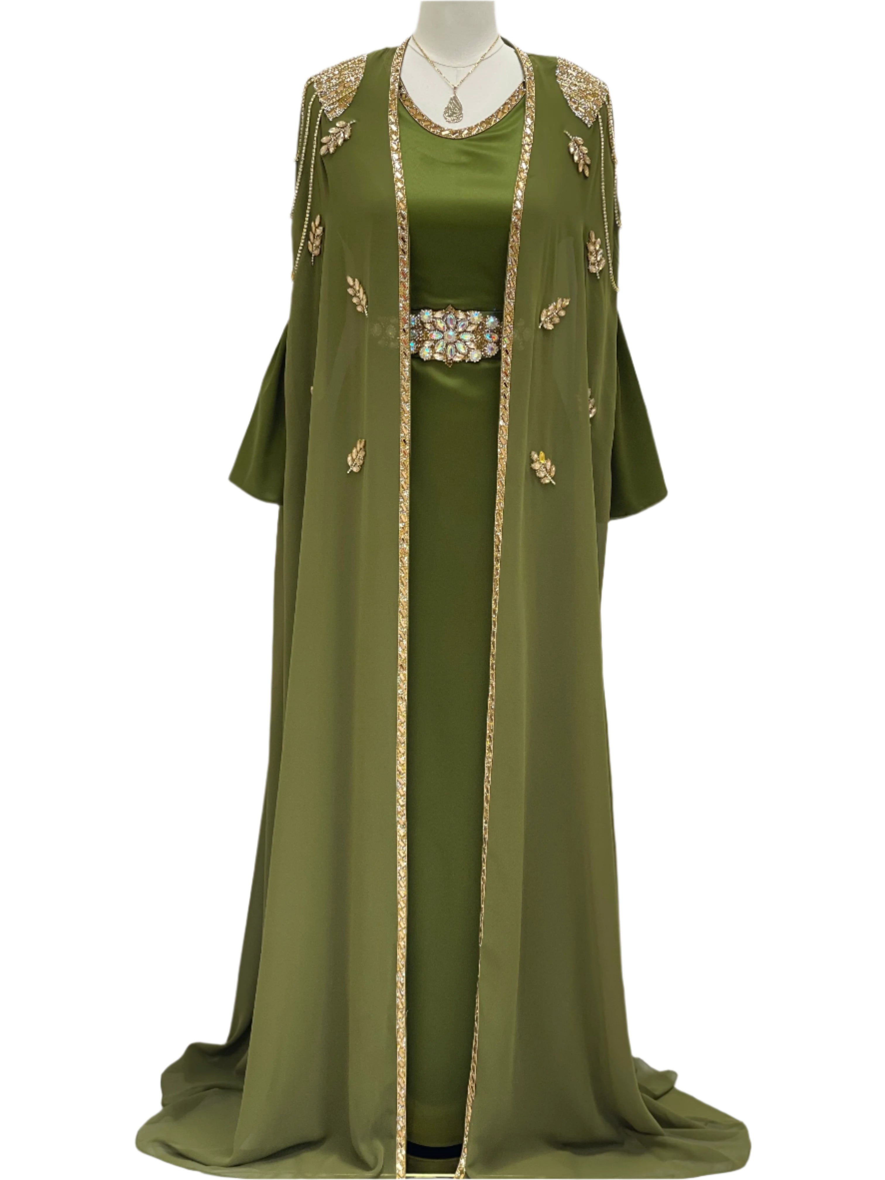 Palestinian Elegance luxury open abaya set in olive green with gold embellishments and jeweled belt