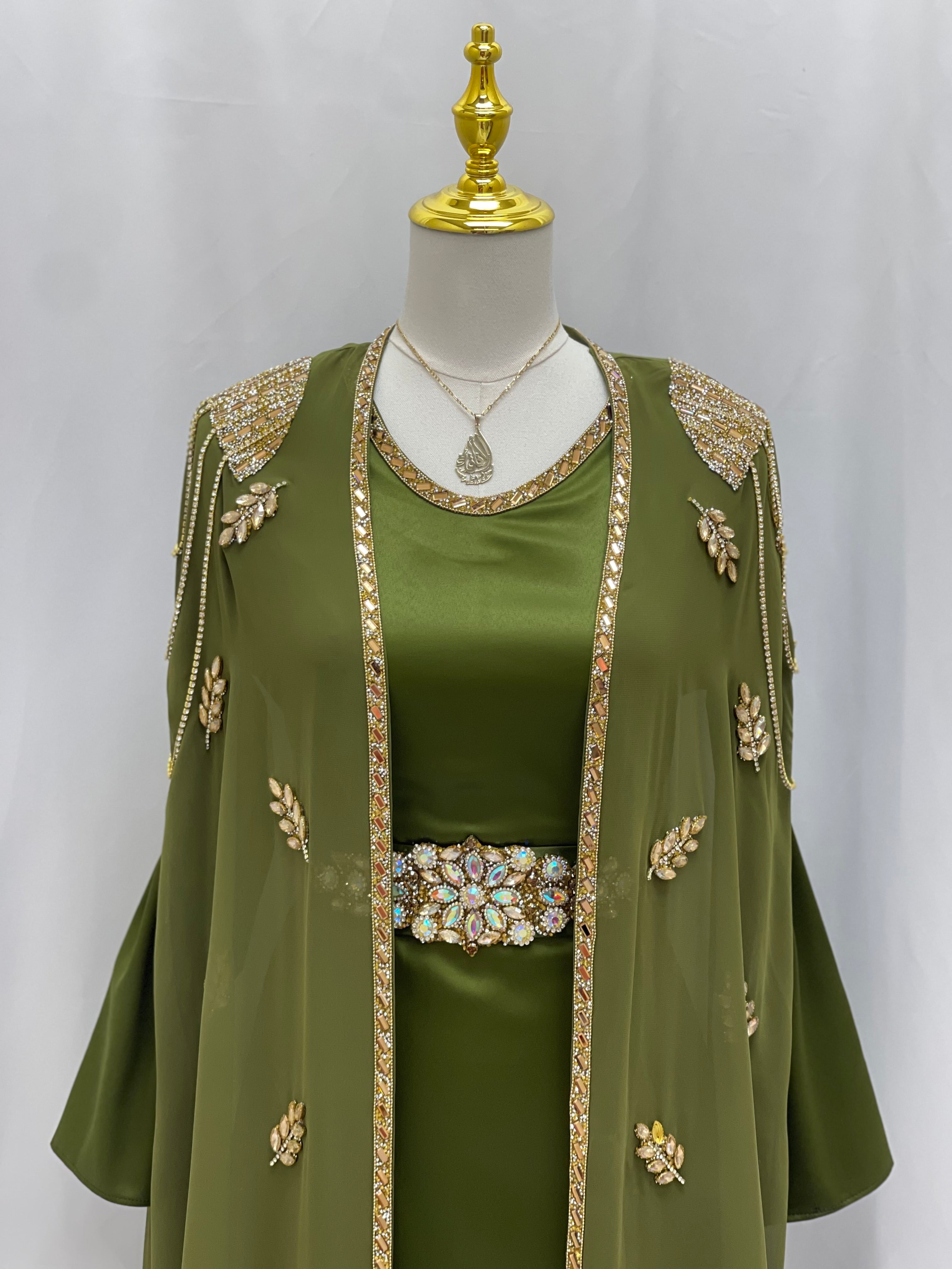 Palestinian Elegance luxury open abaya set in olive green with intricate gold embroidery and jeweled belt