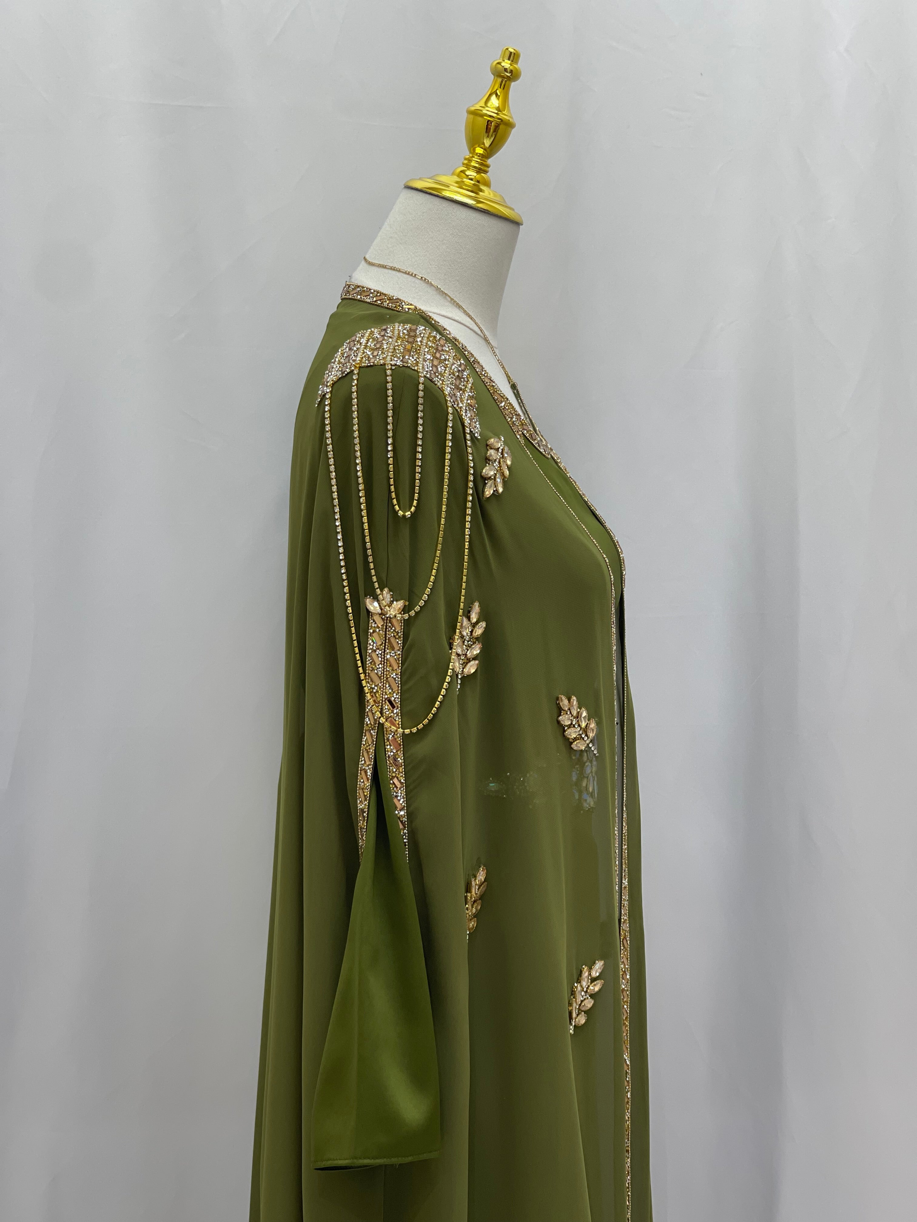 Palestinian Elegance luxury open abaya set in olive green with gold embroidery and decorative chains