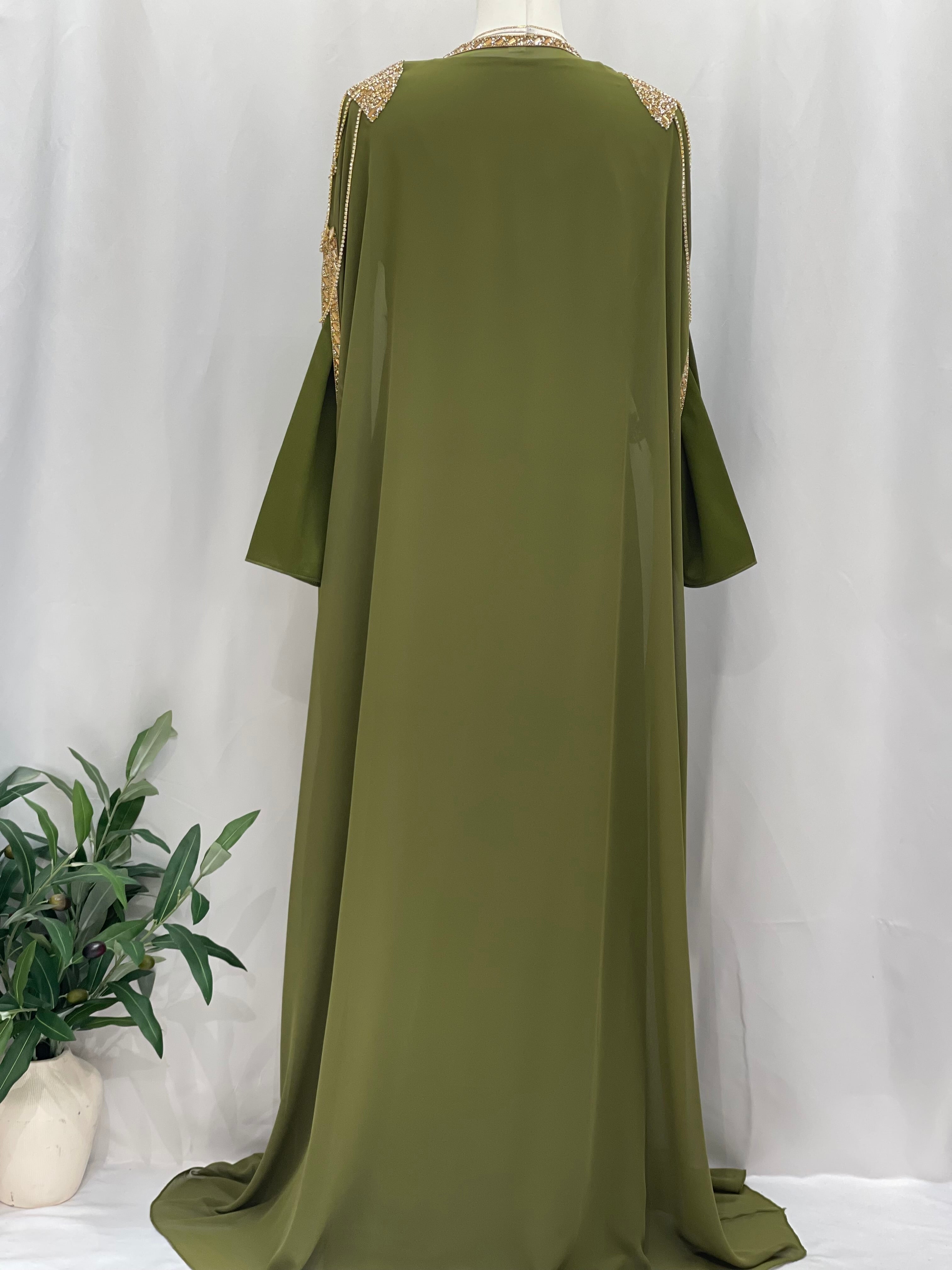 Palestinian Elegance olive green kaftan with gold embroidery detail luxury open abaya set