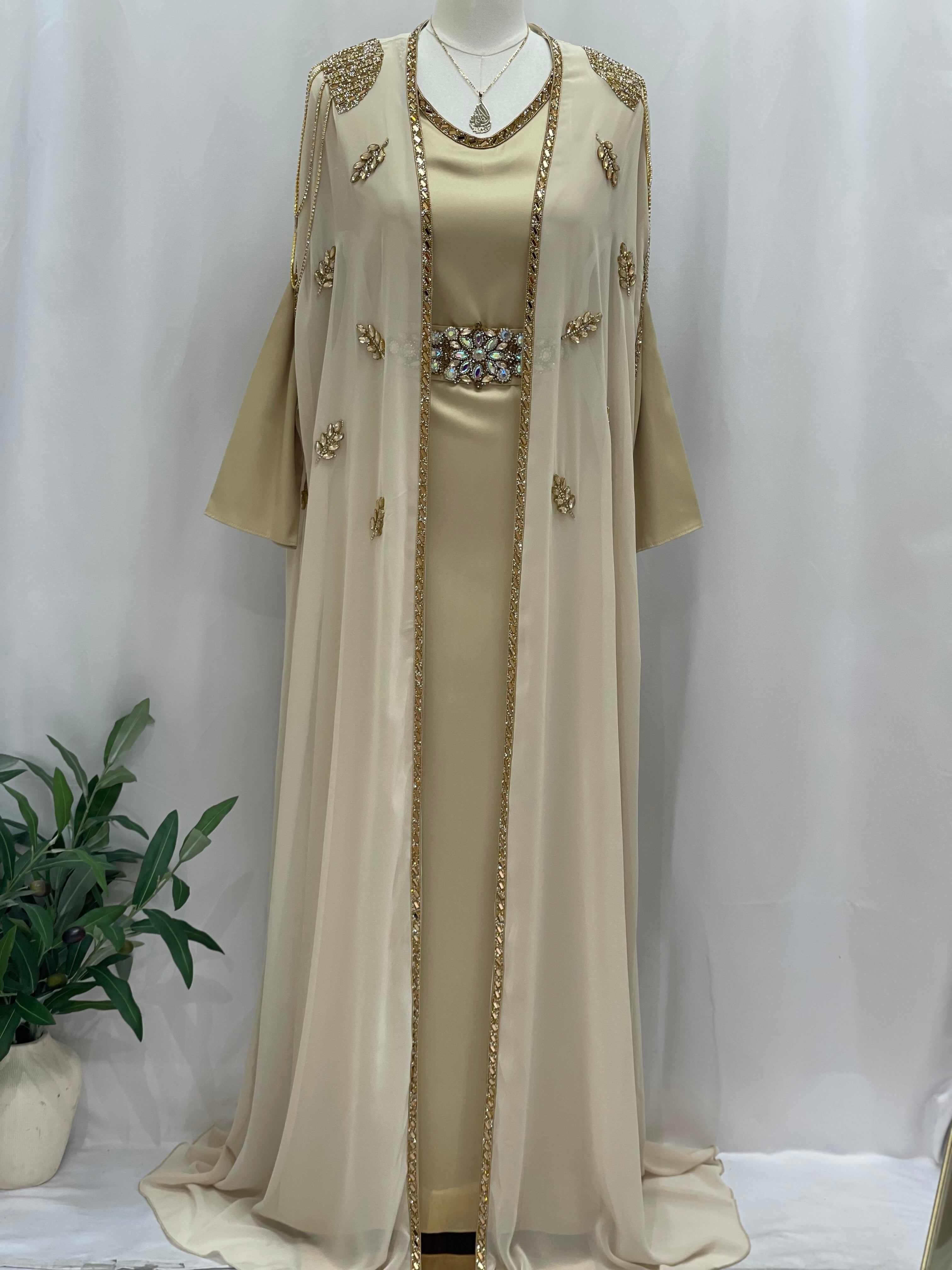 Palestinian Elegance luxury open abaya set featuring a beige embellished kaftan with decorative stones and embroidery