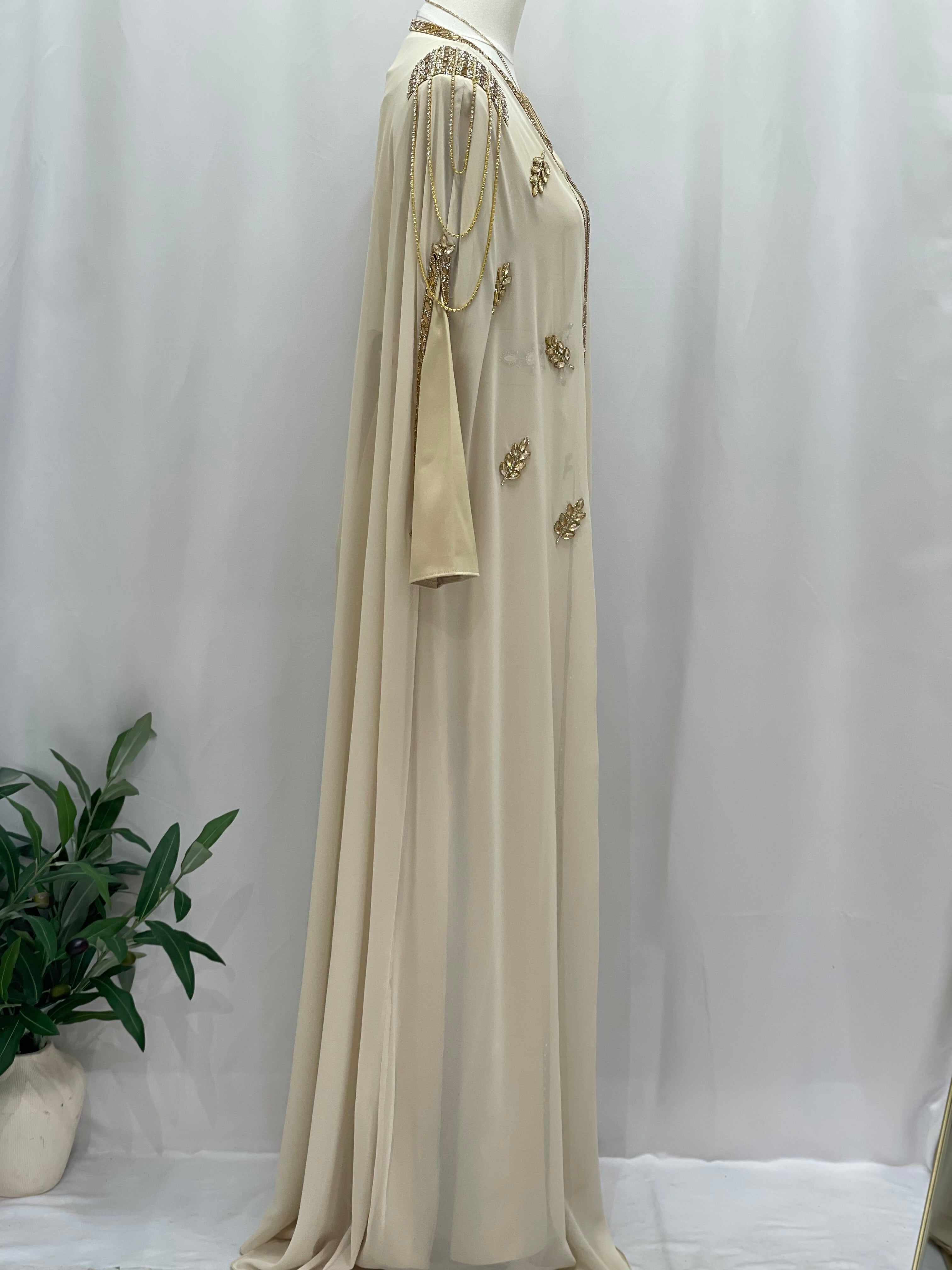 Luxury open abaya set by Palestinian Elegance in beige with gold embellishments and flowing kaftan design