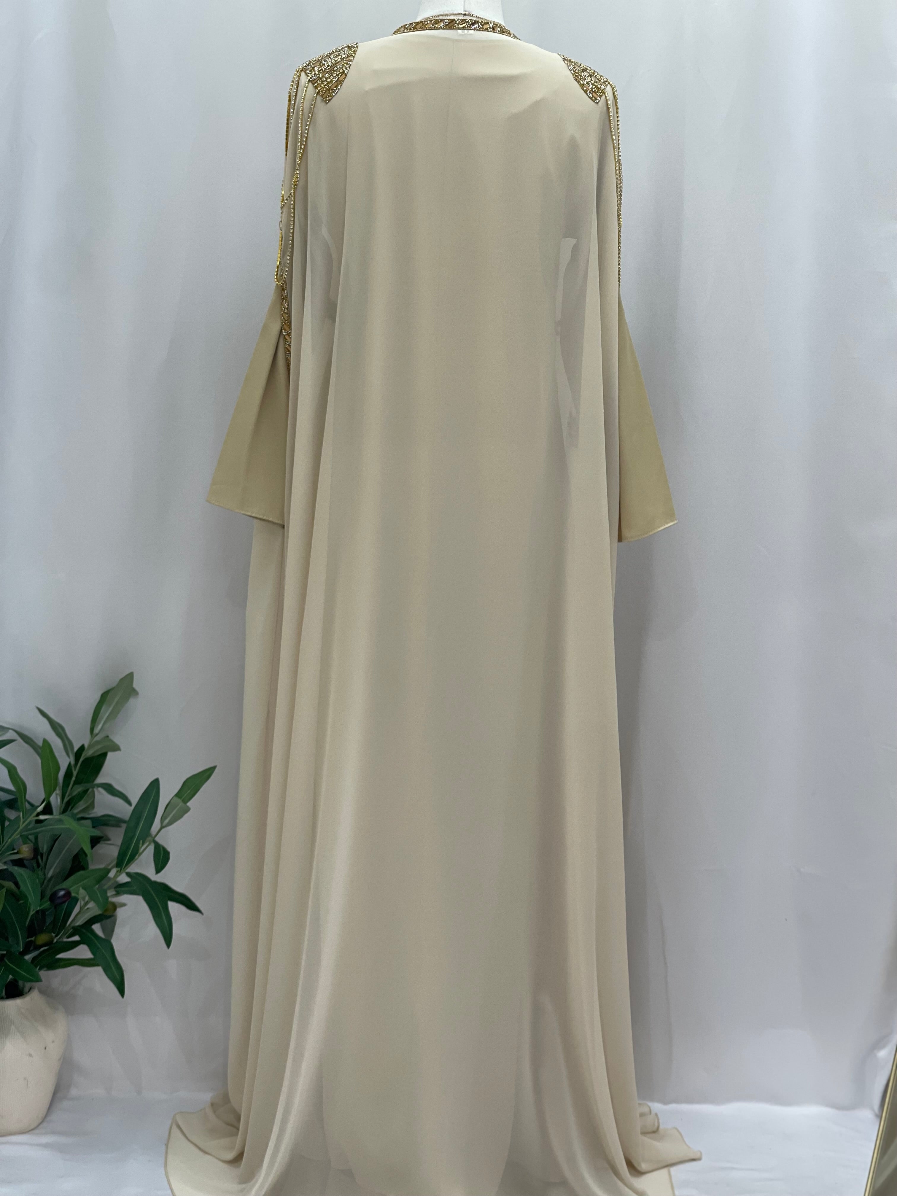 Palestinian Elegance luxury open abaya set in beige with gold embroidered shoulder details and flowing fabric