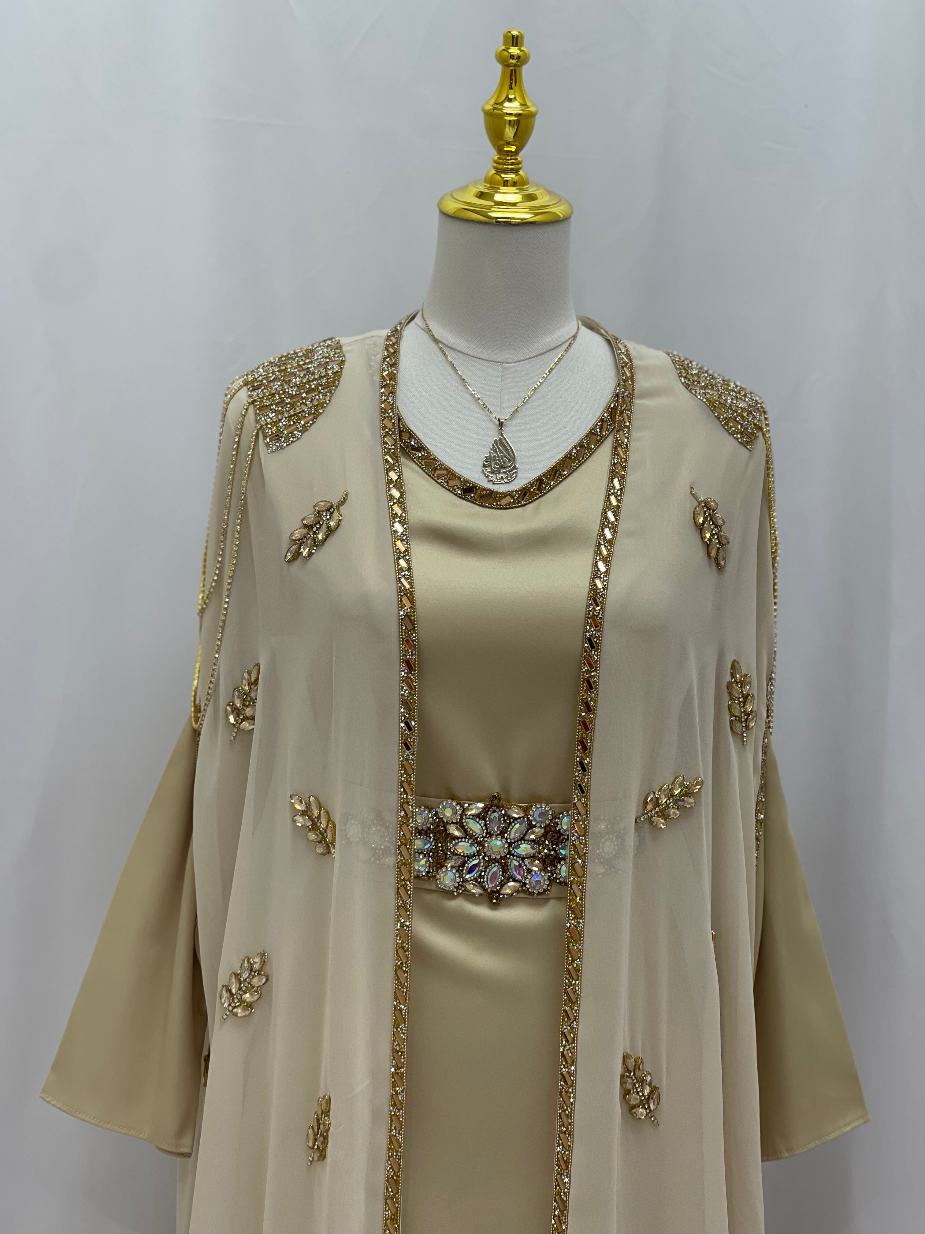 Palestinian Elegance luxury open abaya set in beige with gold embellishments and decorative belt
