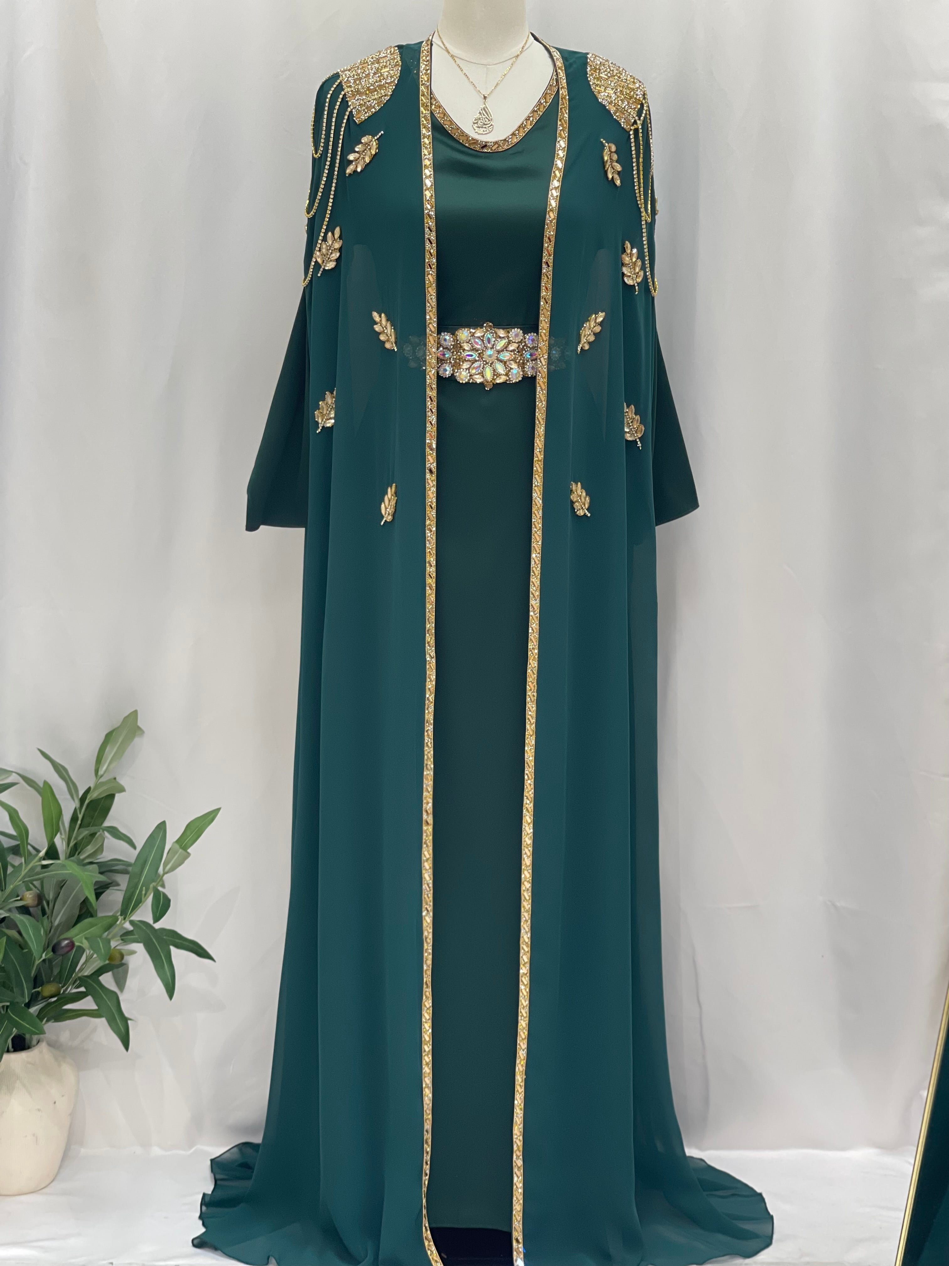 Palestinian Elegance luxury open abaya set in teal with gold embroidery and decorative belt