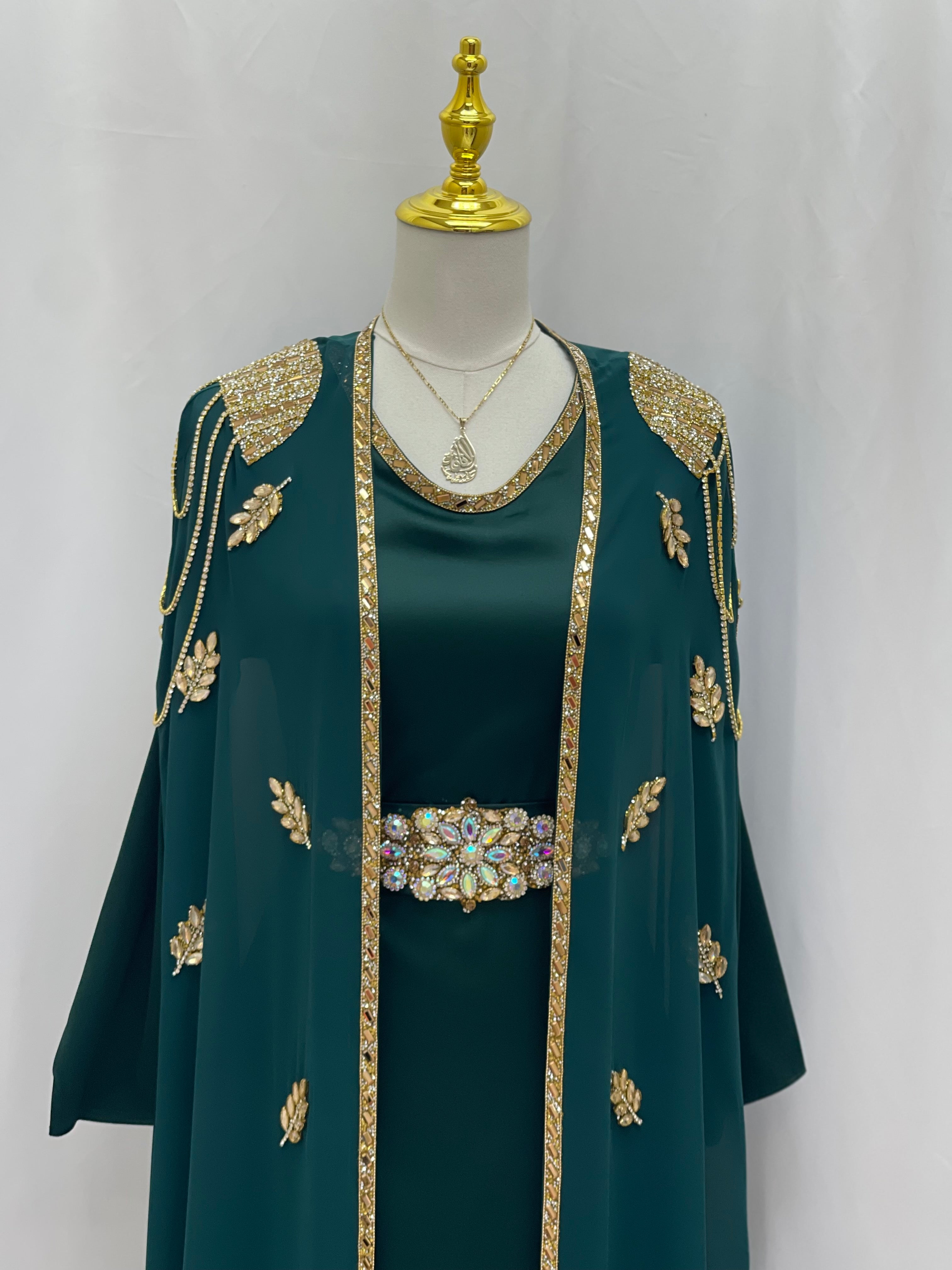 Palestinian Elegance luxury open abaya set in dark green with gold embellishments and jeweled belt