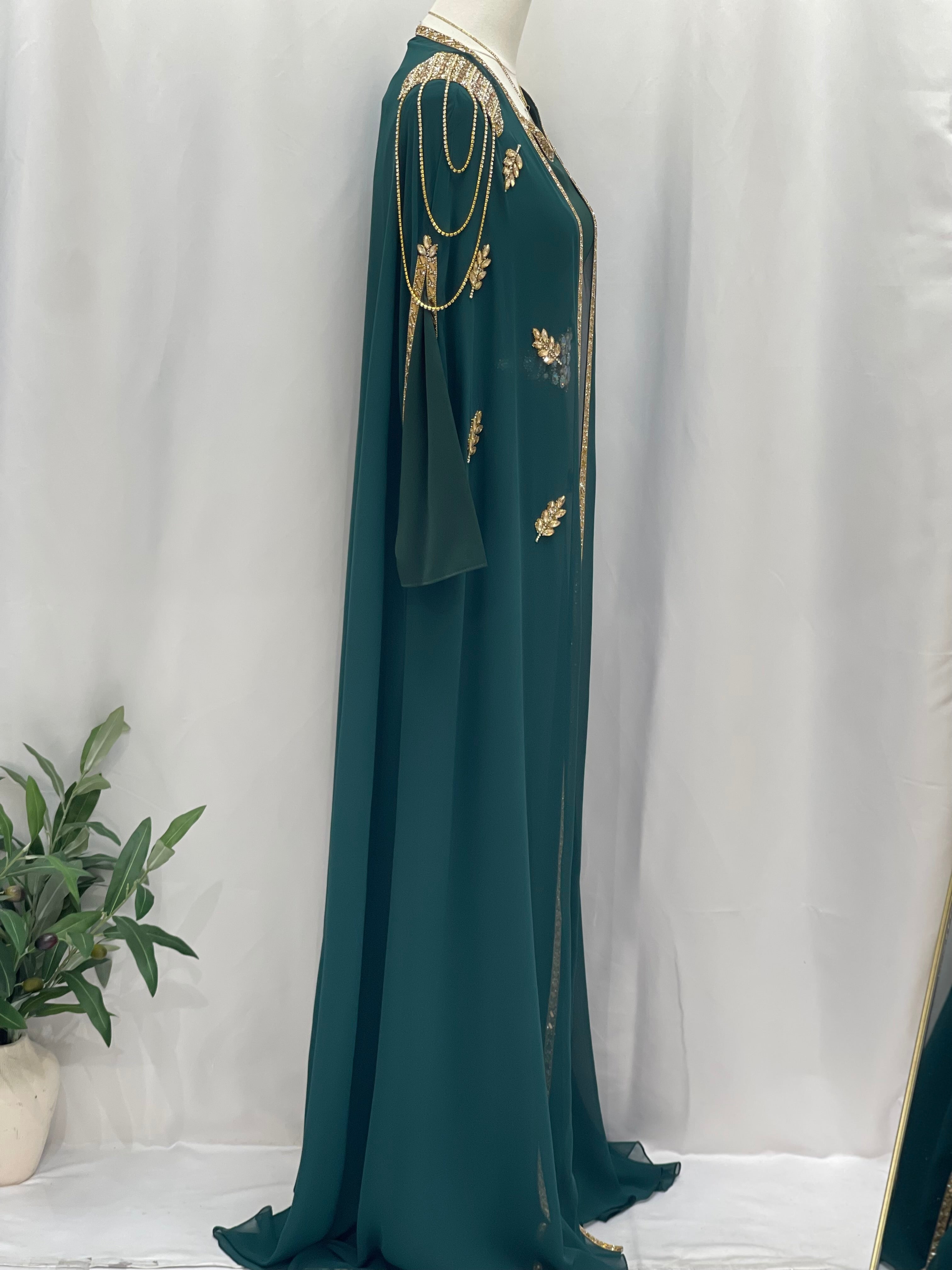 Palestinian Elegance luxury open abaya set in deep green with gold embroidery and chain details