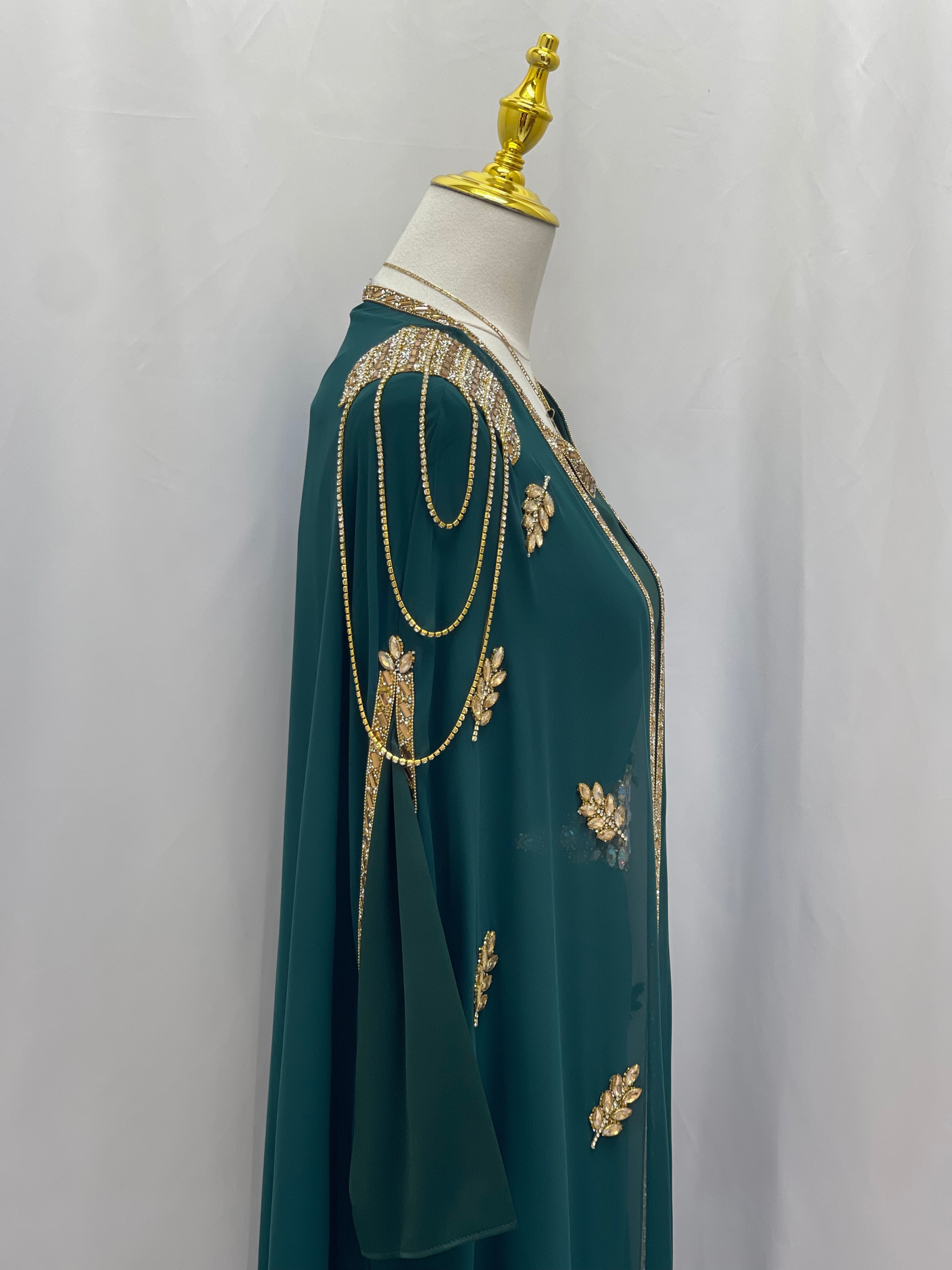 Palestinian Elegance luxury open abaya set in dark green with gold embroidery and detailed shoulder chains