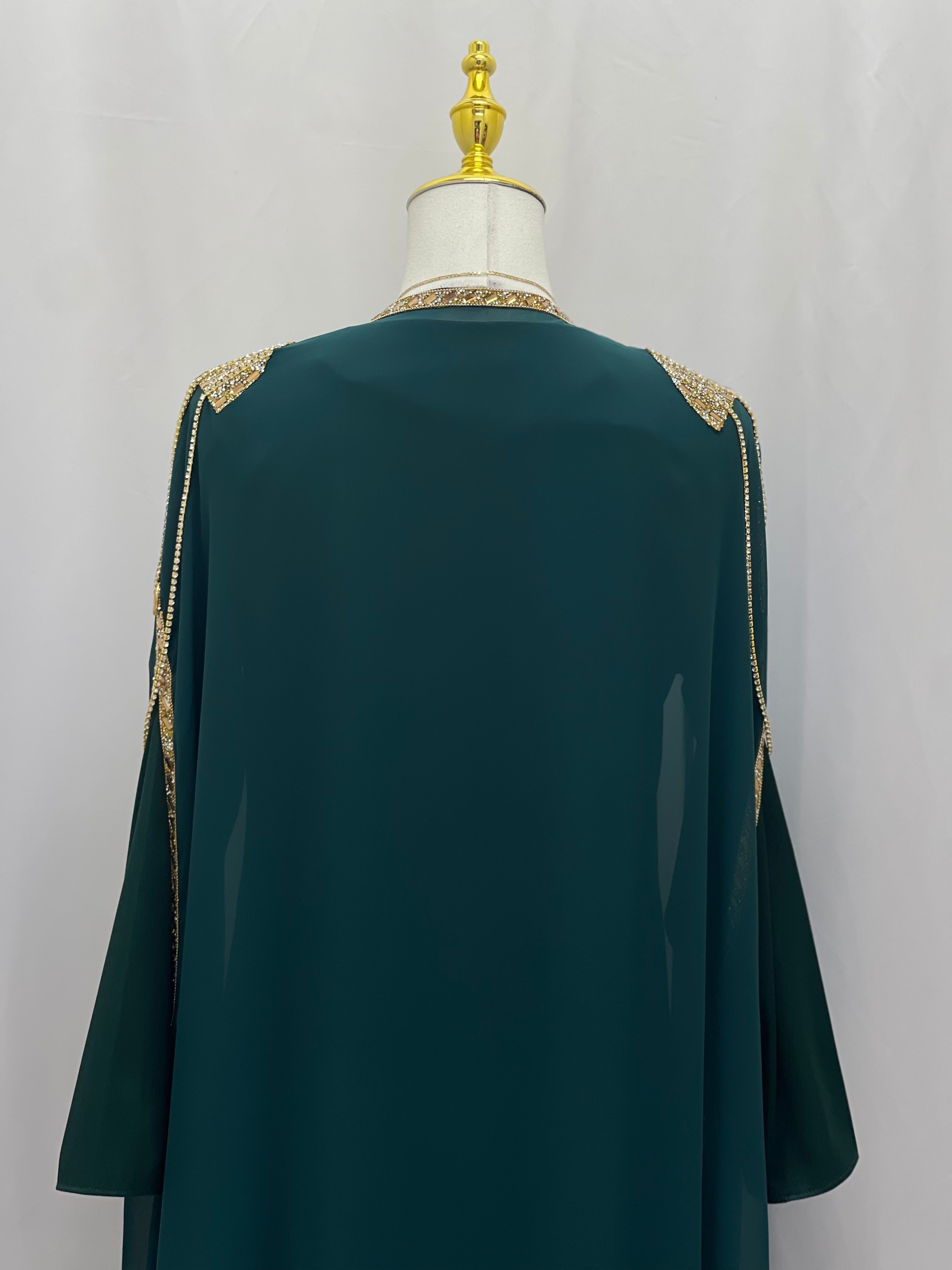 Palestinian Elegance luxury open abaya set in dark green with gold embellishments on shoulders and collar