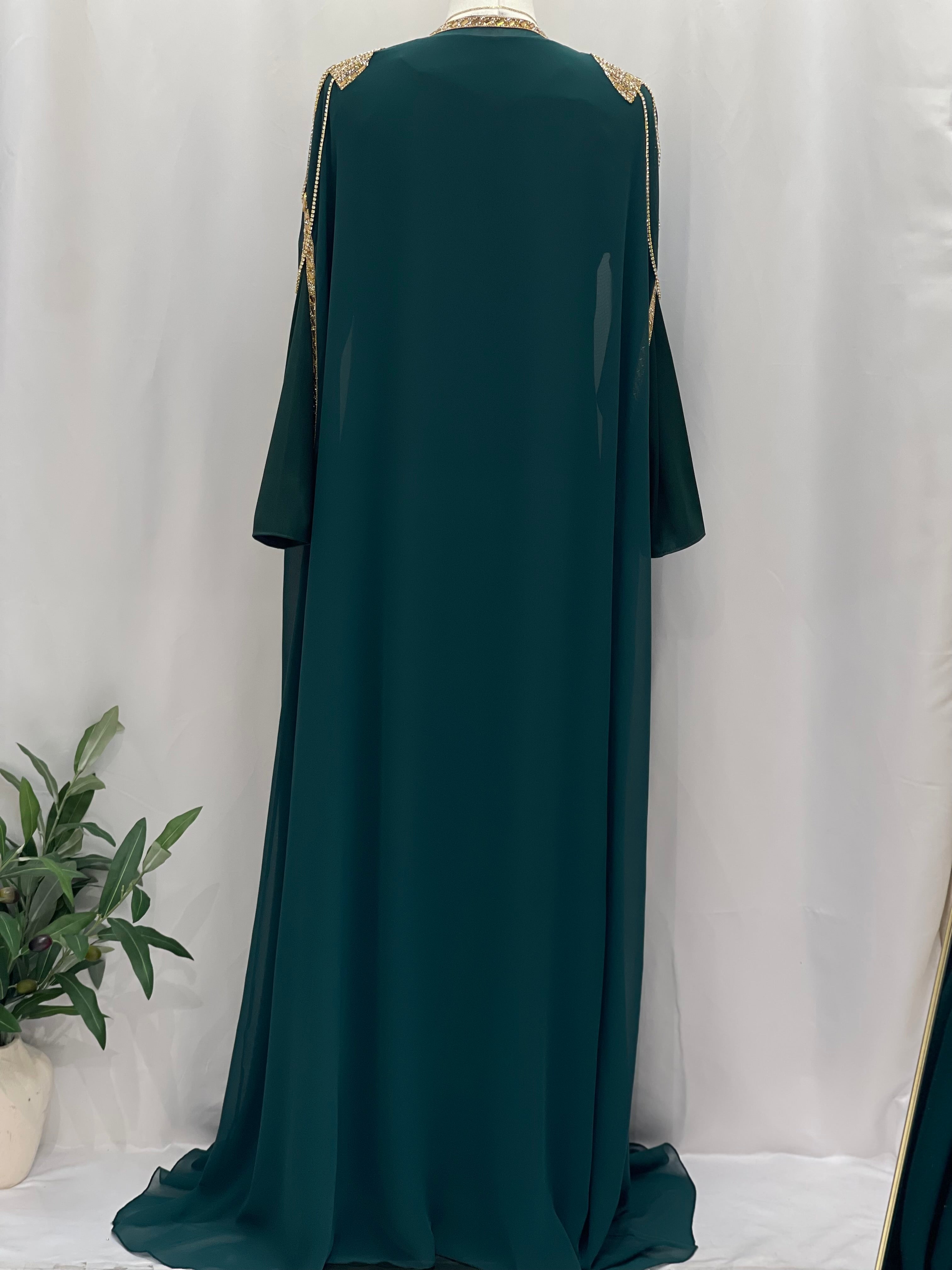 Palestinian Elegance luxury open abaya set in dark green with gold detailing on shoulders and sleeves