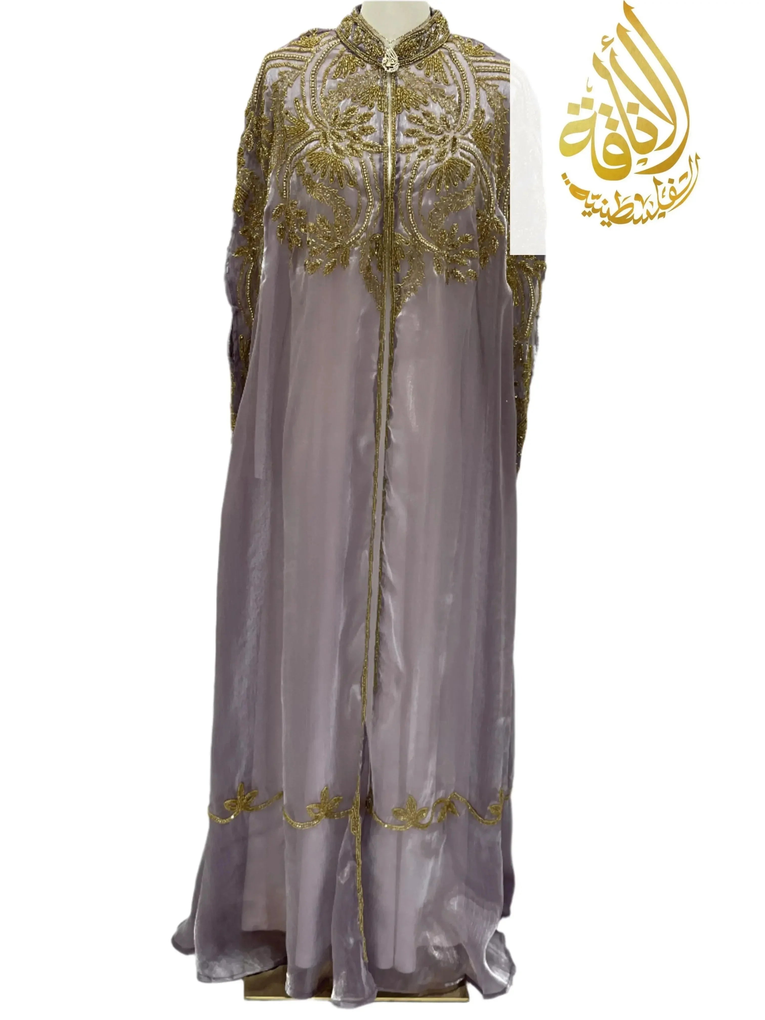 Palestinian Elegance Regal Frosted Lavender Cape cardigan with intricate gold embroidery and full-length design
