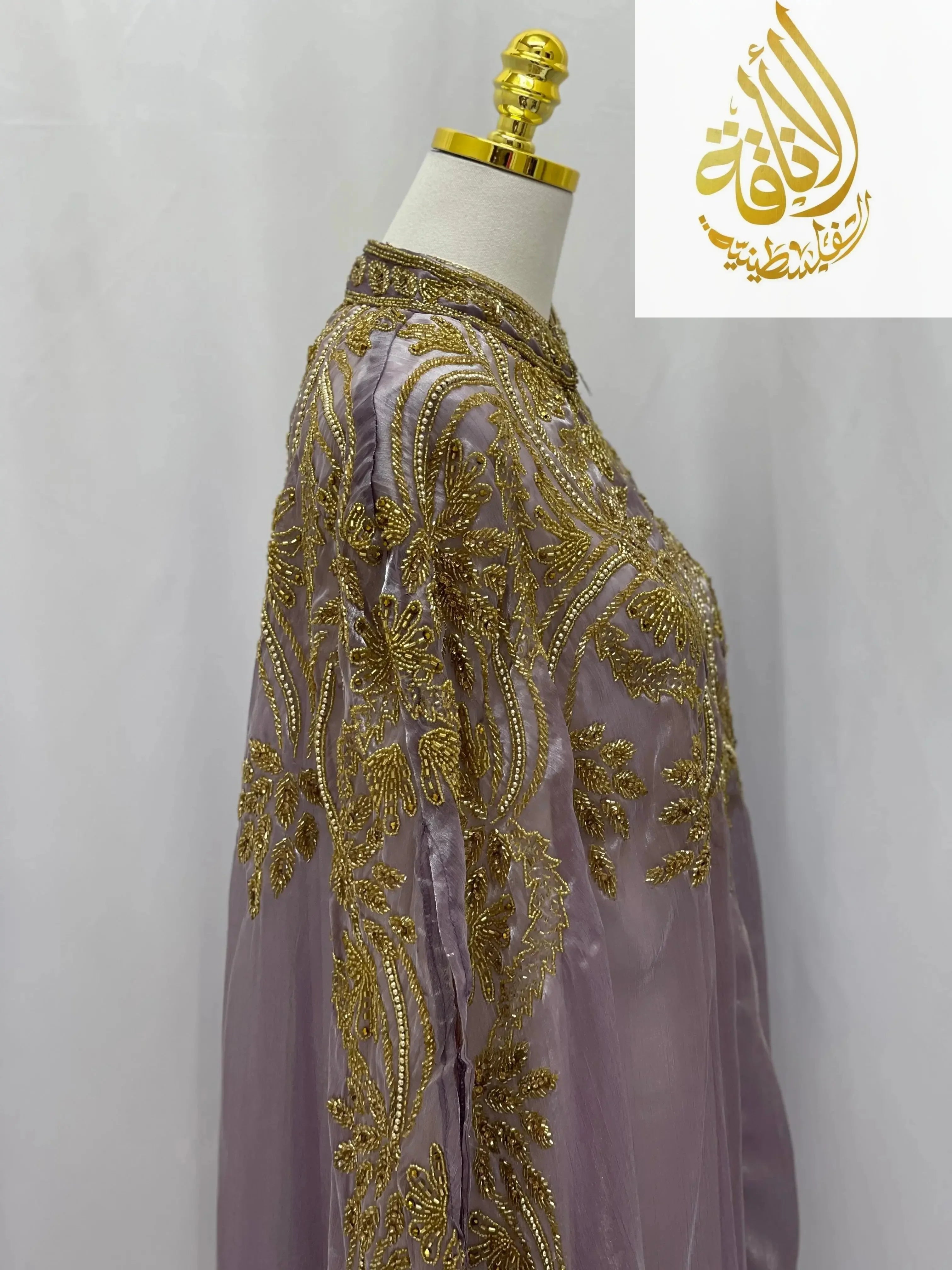 Palestinian Elegance Regal Frosted Lavender Cape cardigan with intricate gold embroidery on sheer fabric