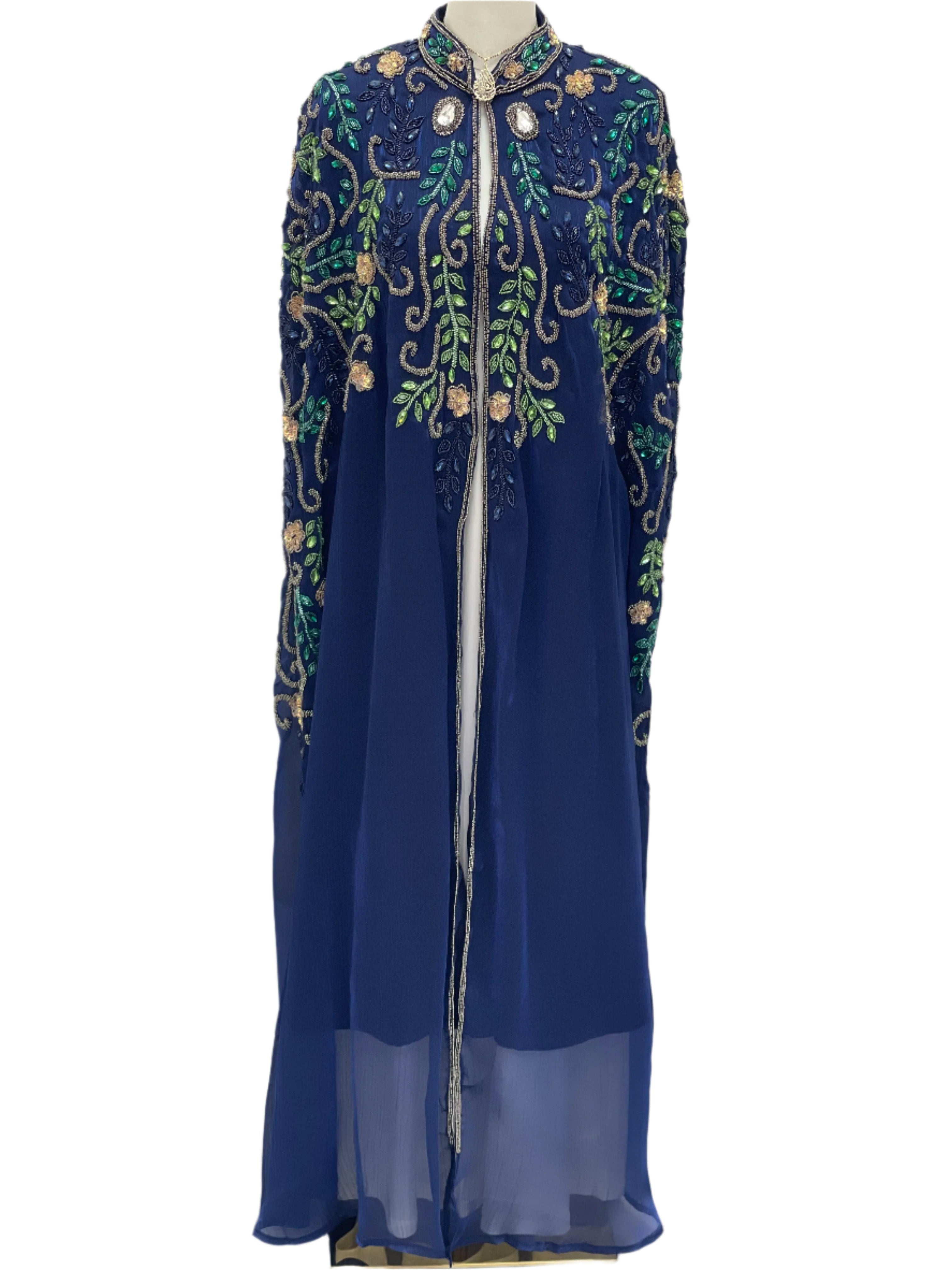 Palestinian Elegance Royal Blue Bejeweled Cape cardigan with intricate green and gold embroidery