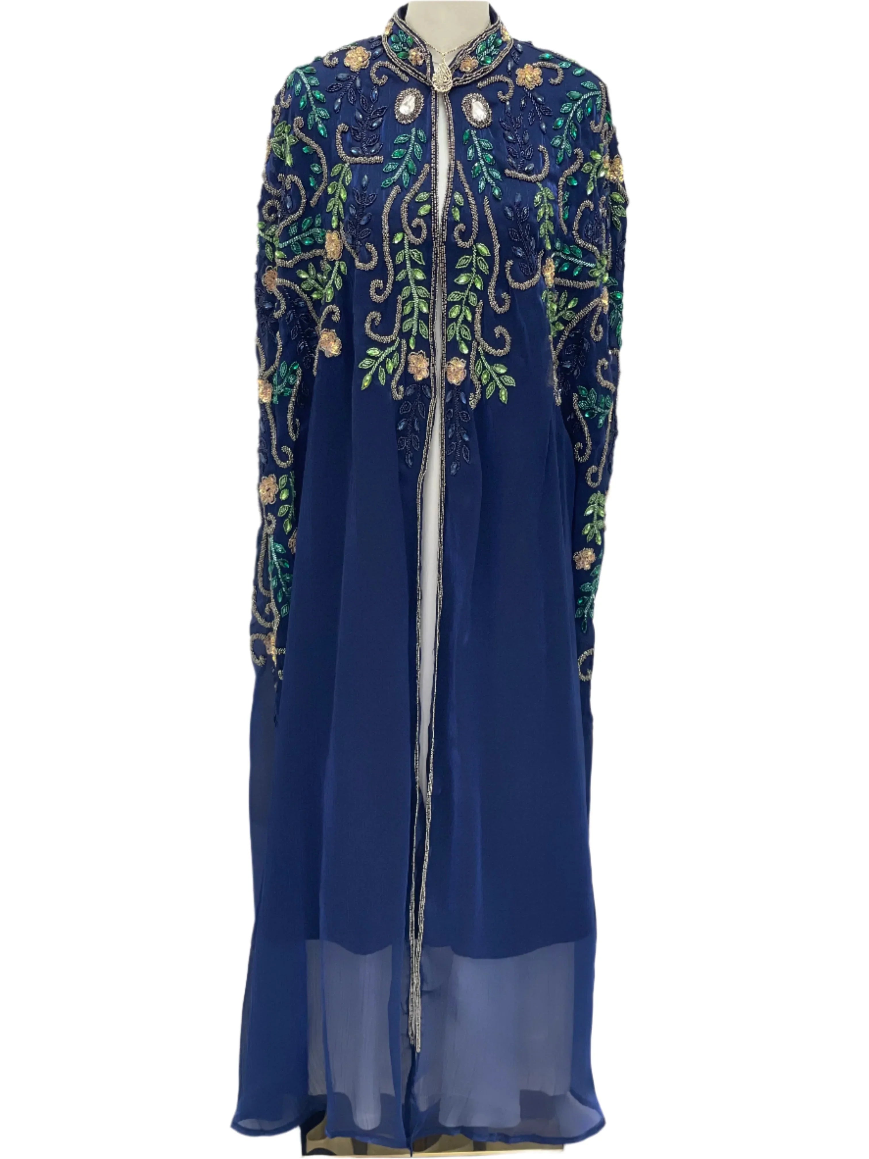 Palestinian Elegance Royal Blue Bejeweled Cape cardigan with intricate green and gold embroidery