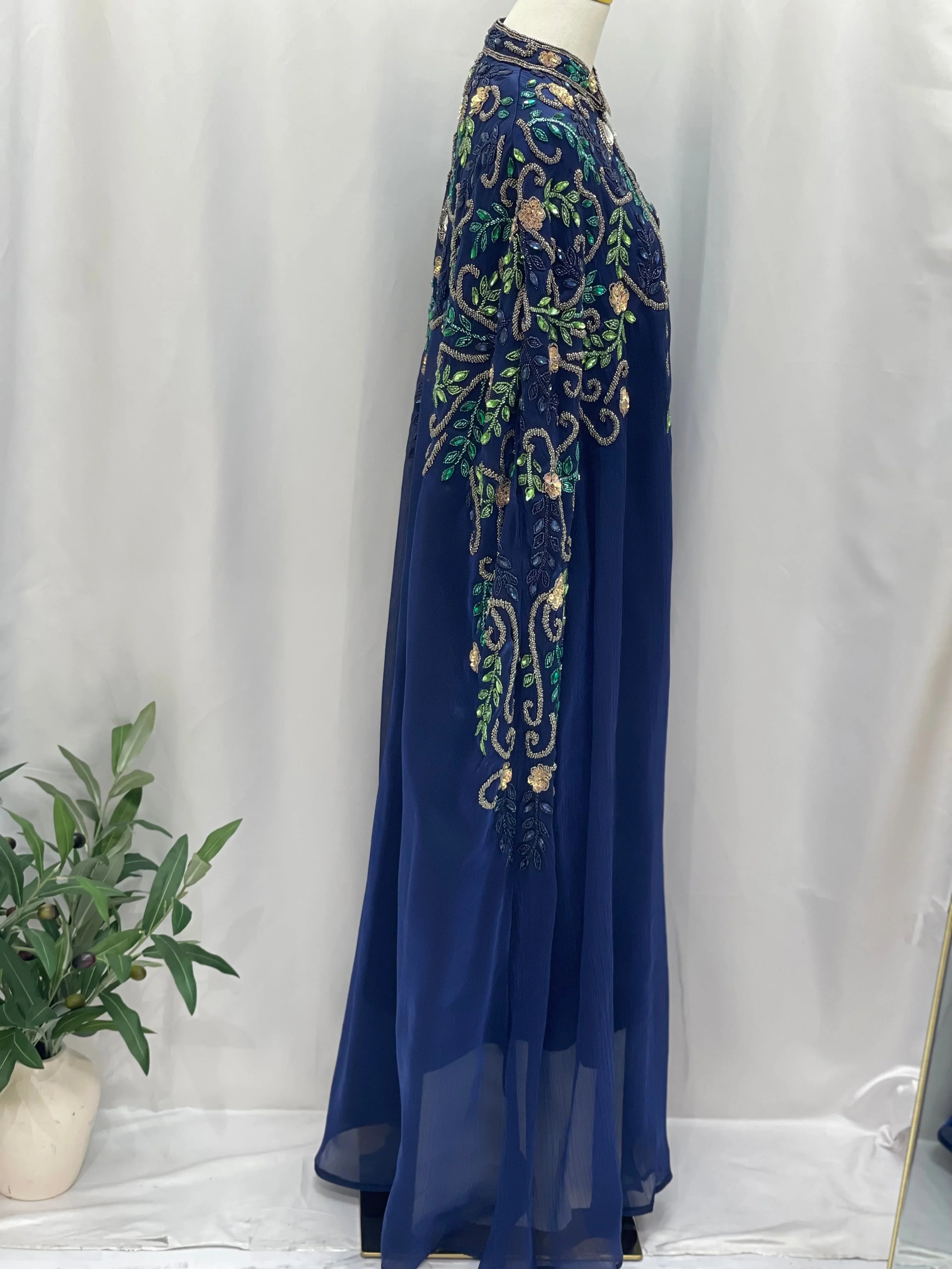 Royal Blue Bejeweled Cape cardigan by Palestinian Elegance with intricate floral embroidery and sheer fabric detail