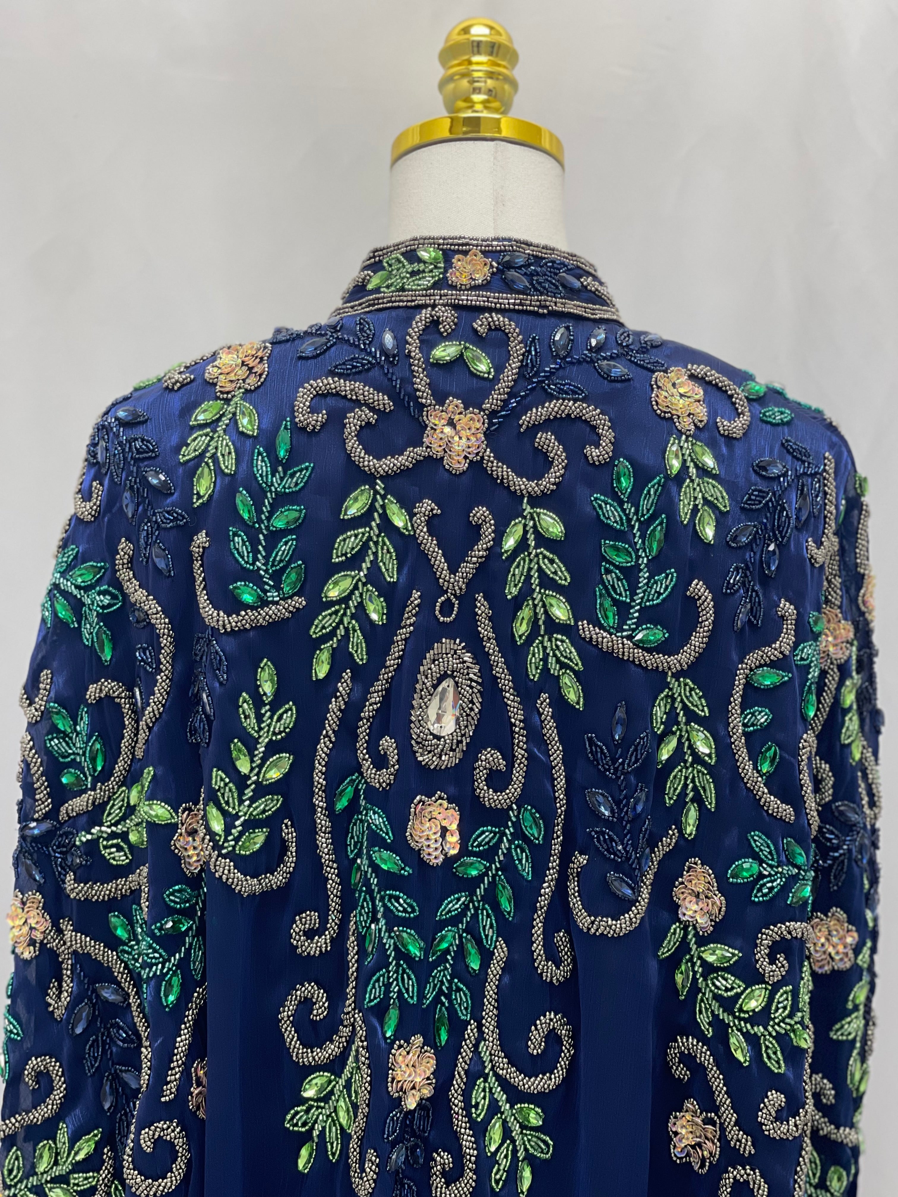 Palestinian Elegance Royal Blue Bejeweled Cape cardigan with intricate green and gold bead embroidery