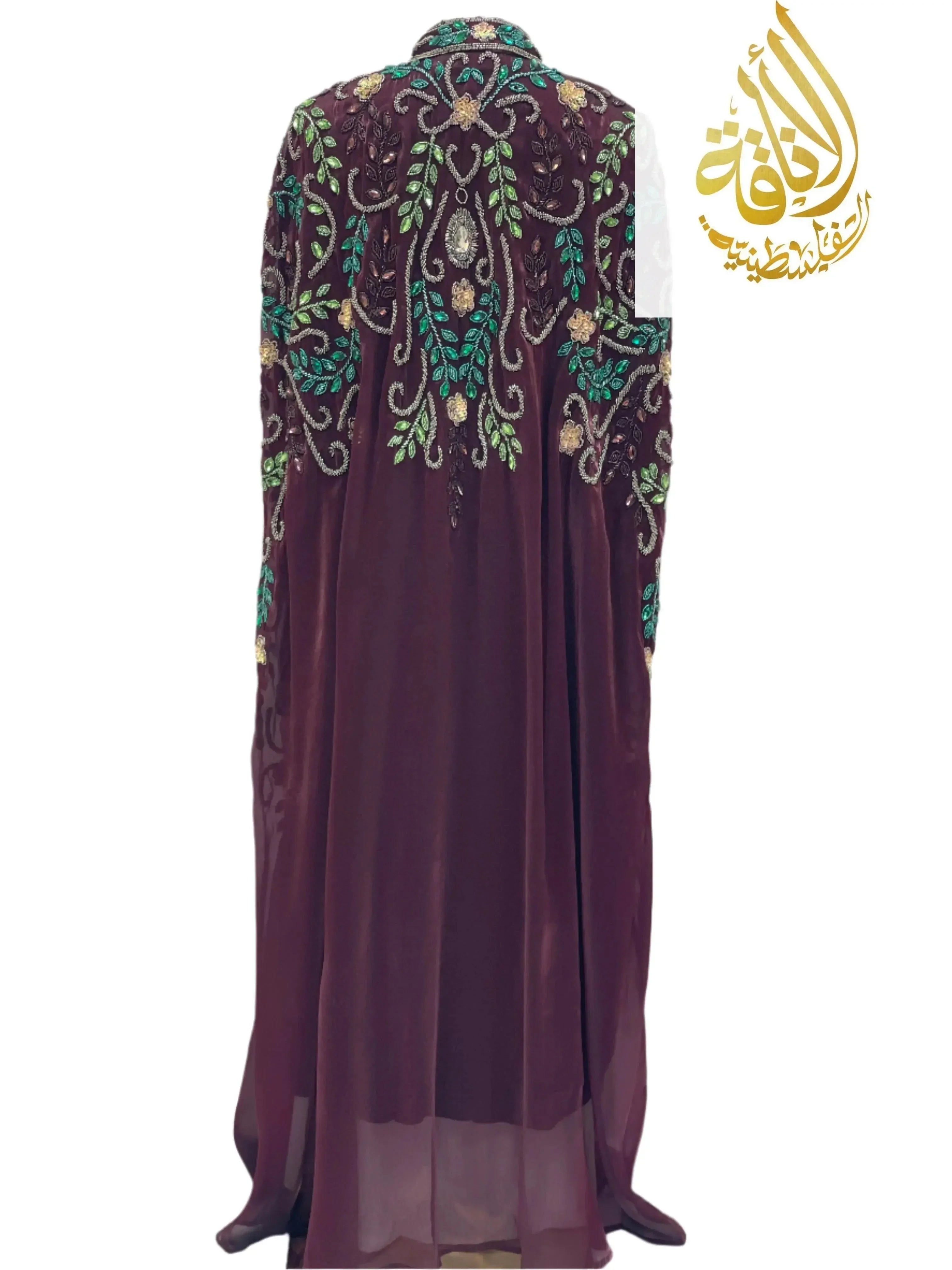 Palestinian Elegance abaya with embroidered floral patterns and Luxury Bejeweled Cape design in deep purple