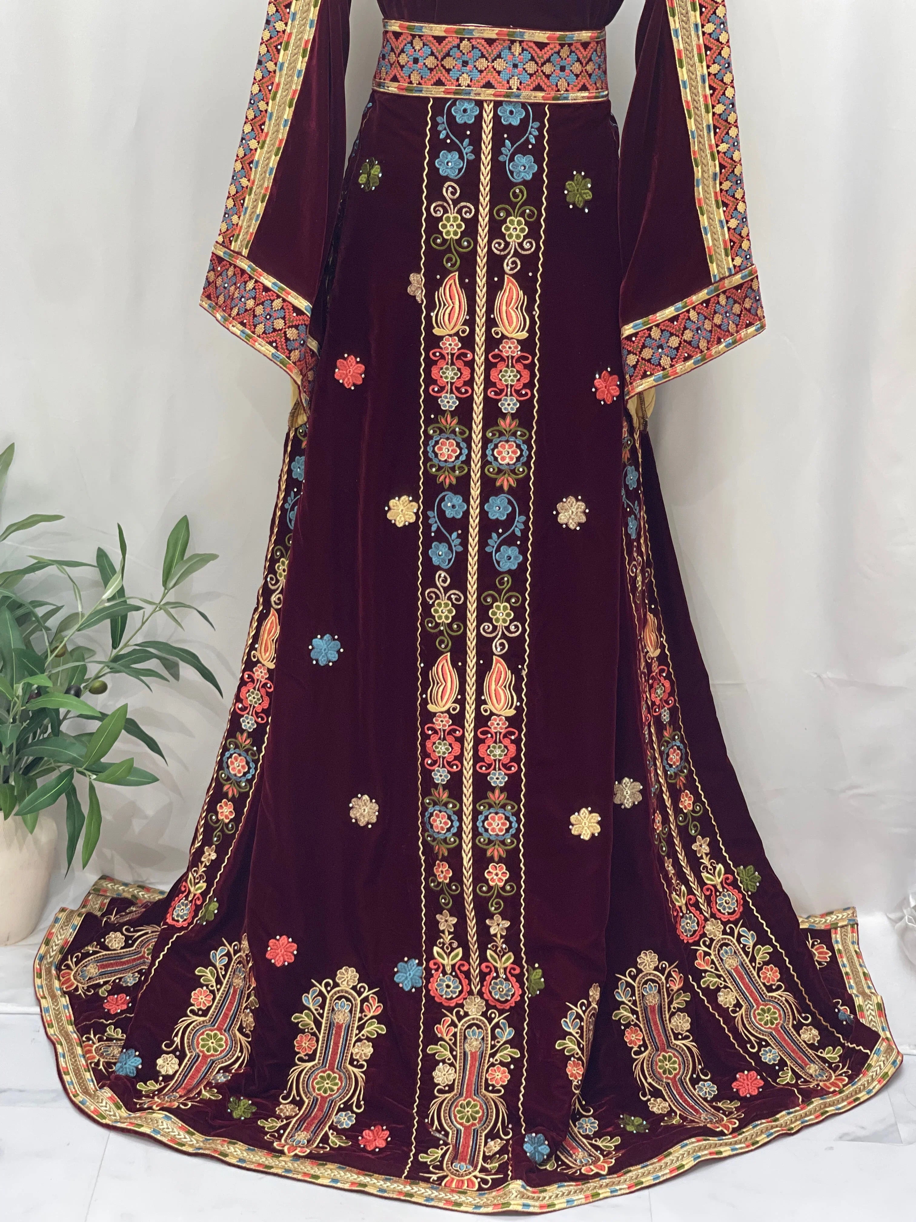 Maise Velvet Embroidered Thoub in burgundy with colorful floral embroidery and elegant bell sleeves