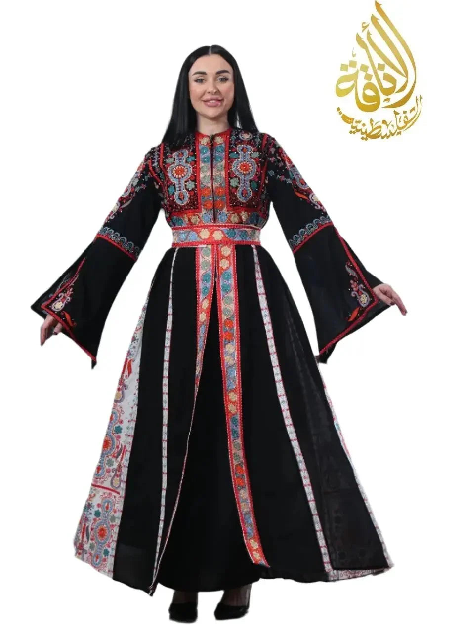 Palestinian Elegance Malaki embroidered kaftan in black with colorful traditional embroidery and wide sleeves