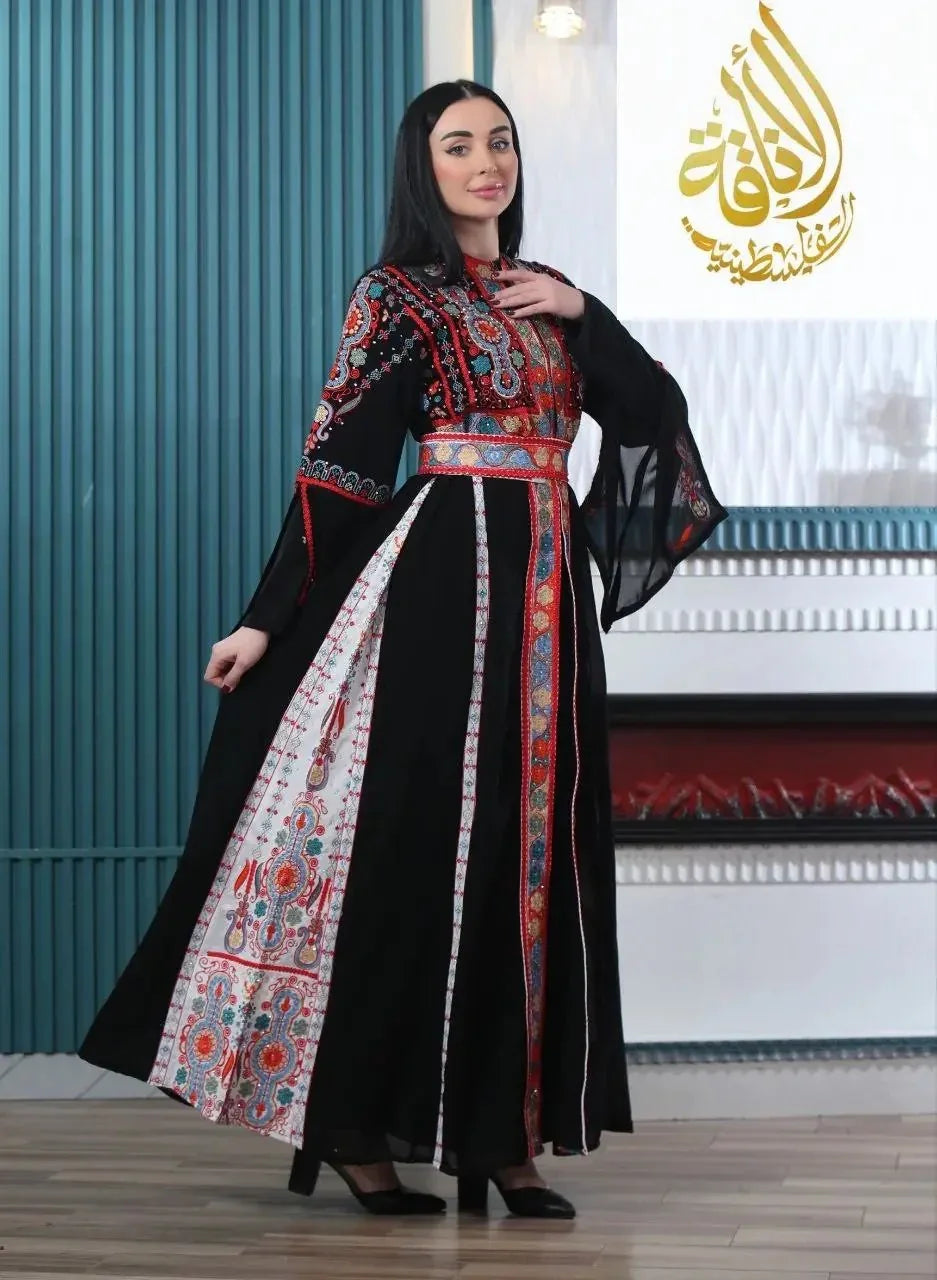 Palestinian Elegance Malaki embroidered kaftan black with colorful traditional embroidery and flowing sleeves