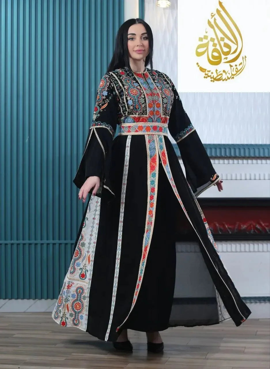 Palestinian Elegance Malaki embroidered kaftan in black with colorful traditional stitching and flowing design