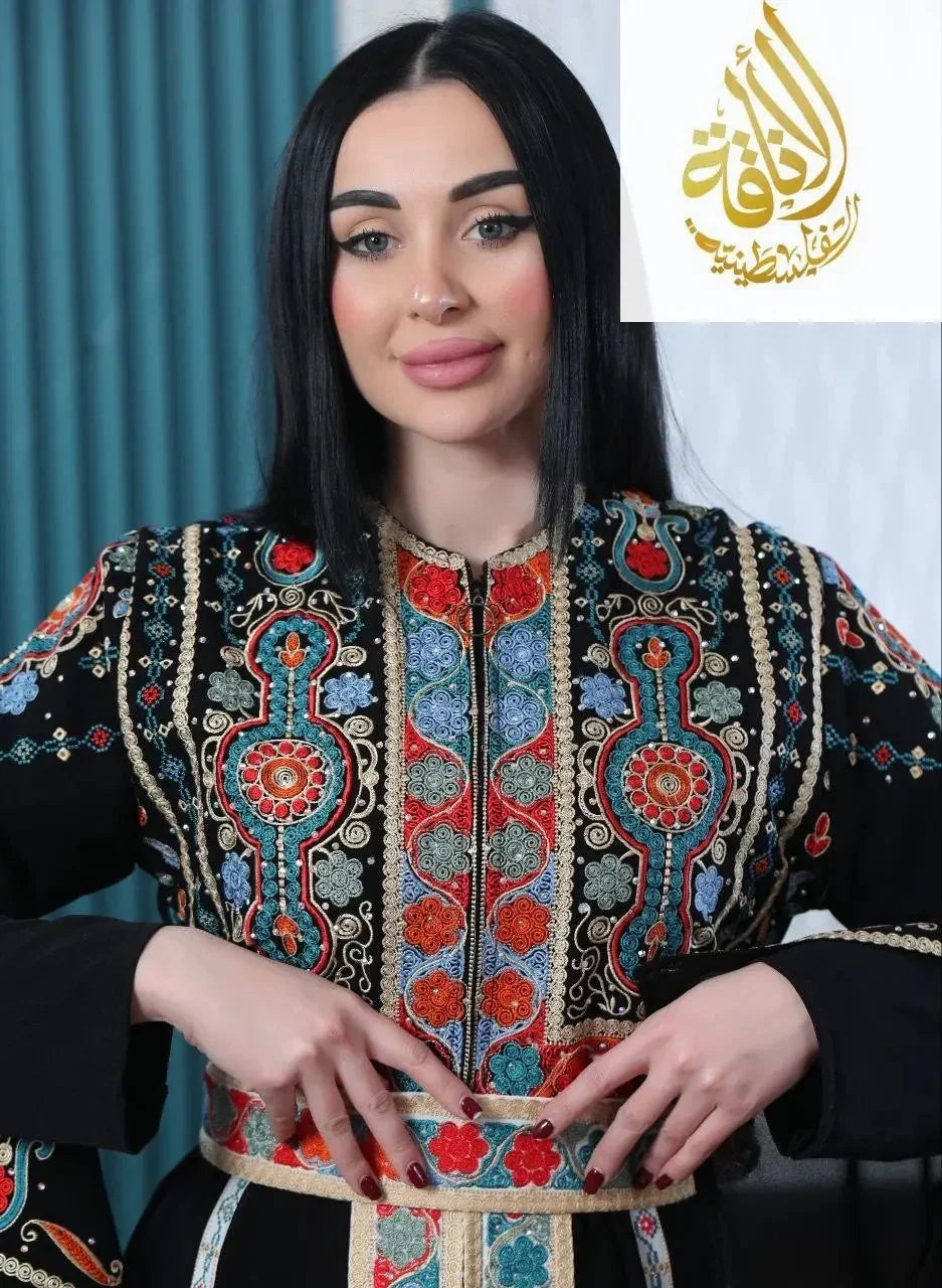 Palestinian Elegance Malaki embroidered kaftan featuring intricate colorful embroidery on black fabric