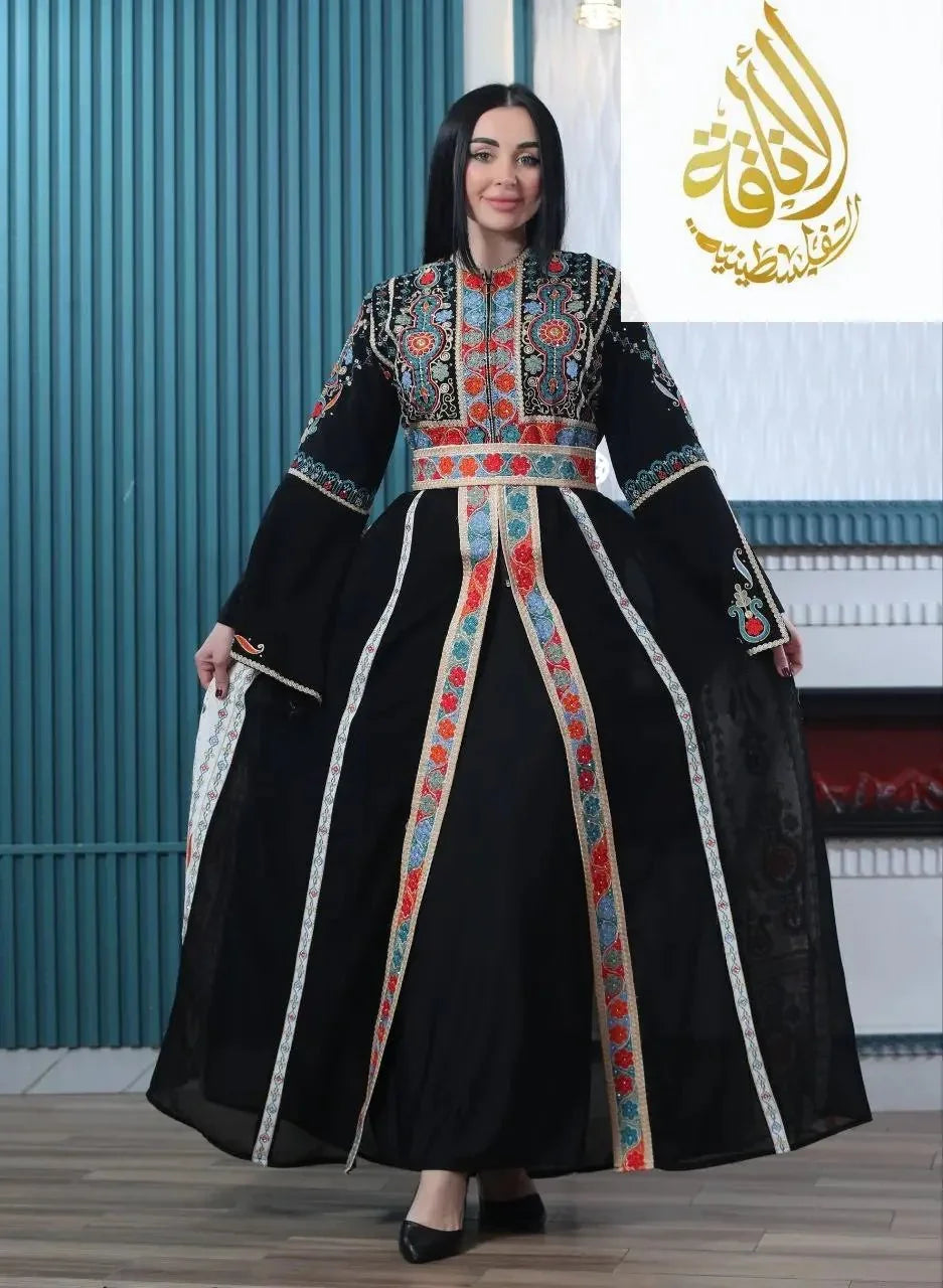 Palestinian Elegance Malaki embroidered kaftan in black with colorful traditional patterns and long flowing sleeves