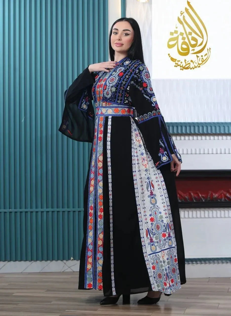Palestinian Elegance Malaki embroidered kaftan with intricate multicolor embroidery on black fabric