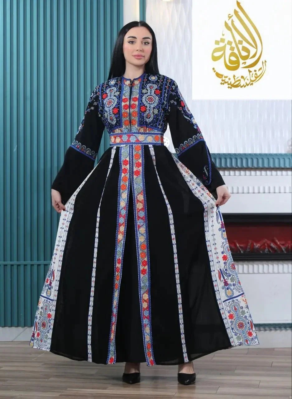 Palestinian Elegance Malaki embroidered kaftan with colorful floral embroidery on black fabric
