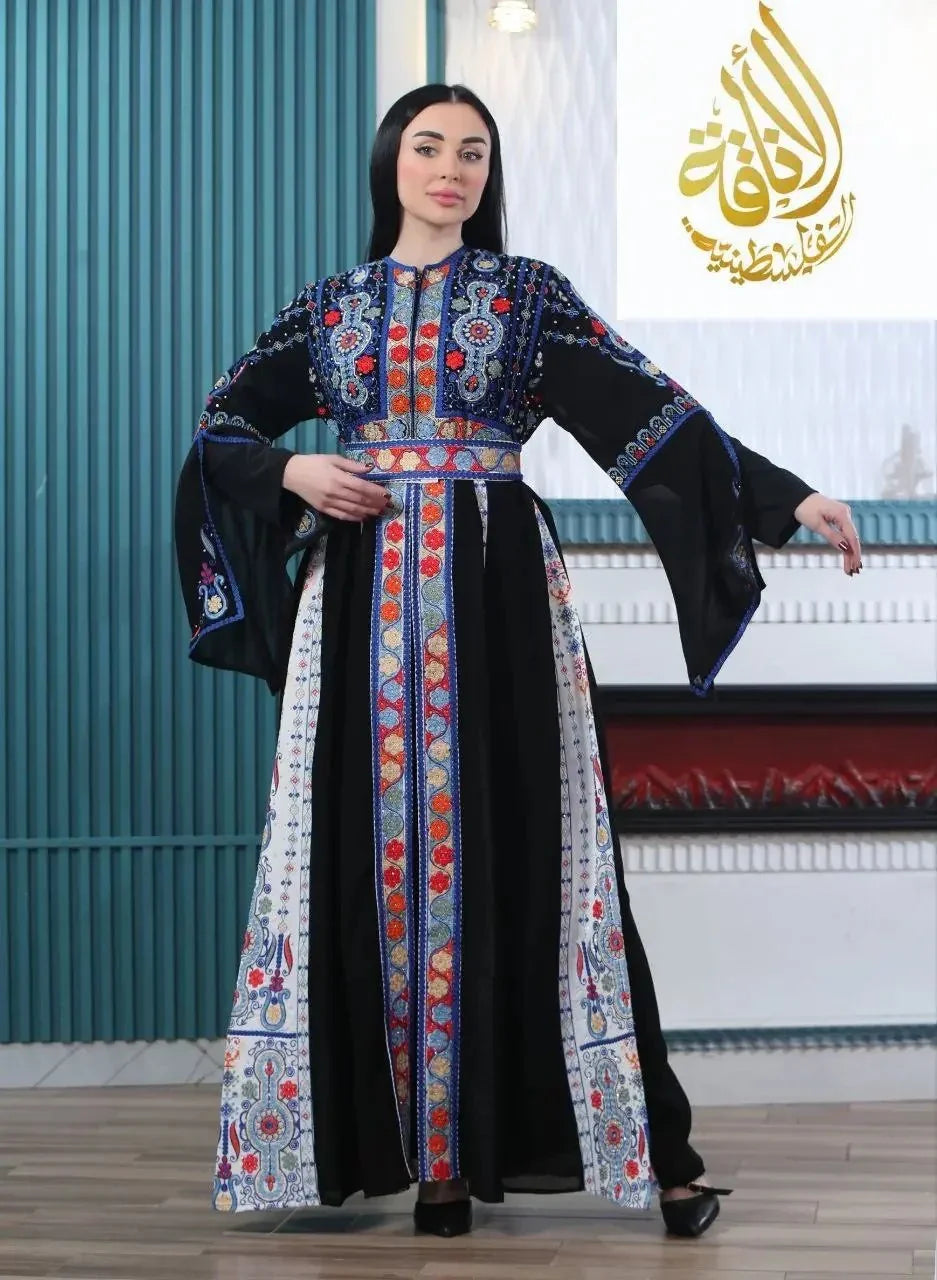 Palestinian Elegance Malaki embroidered kaftan in black with colorful floral embroidery and wide sleeves
